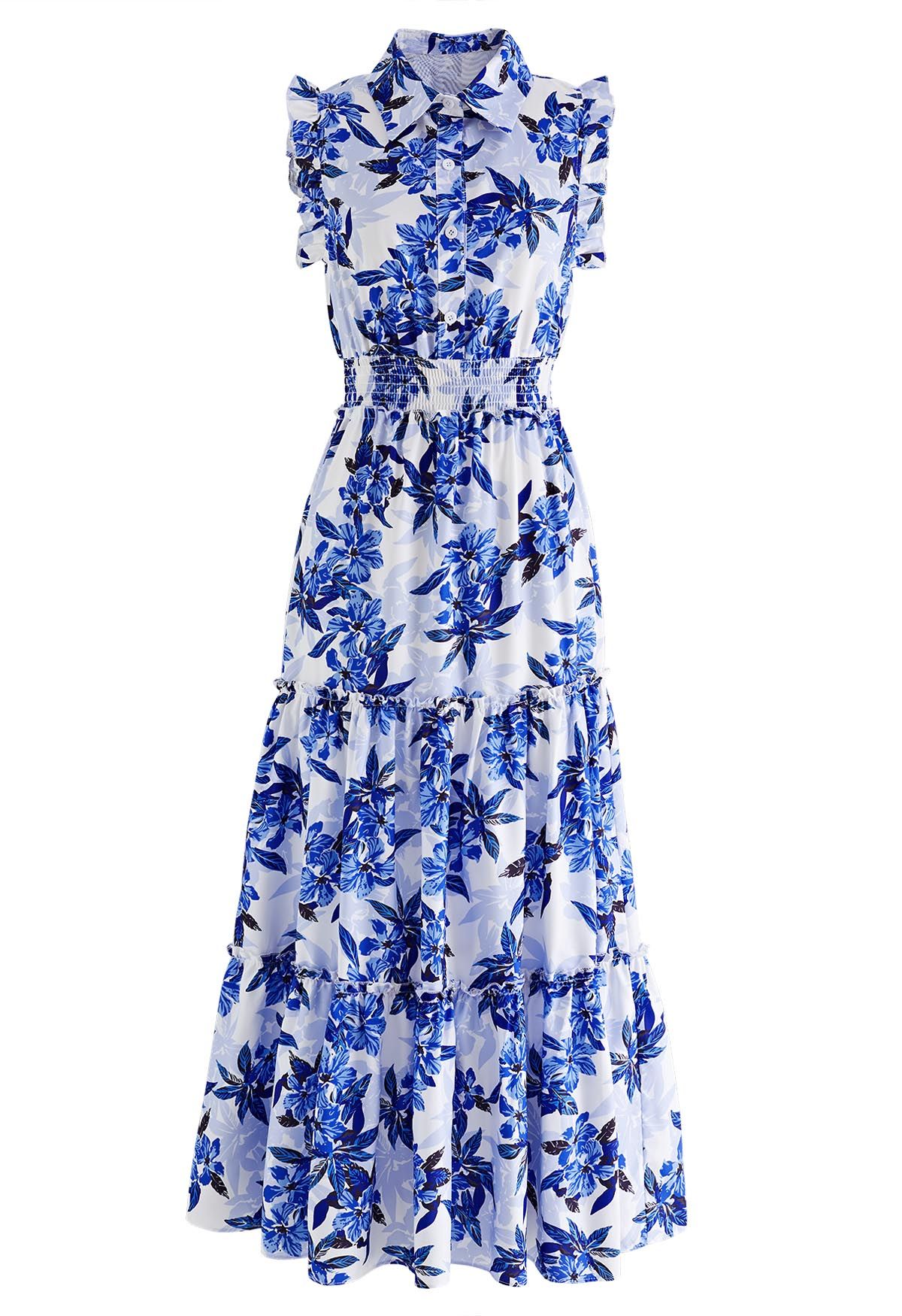 Blue Floral Collared Buttoned Sleeveless Dress