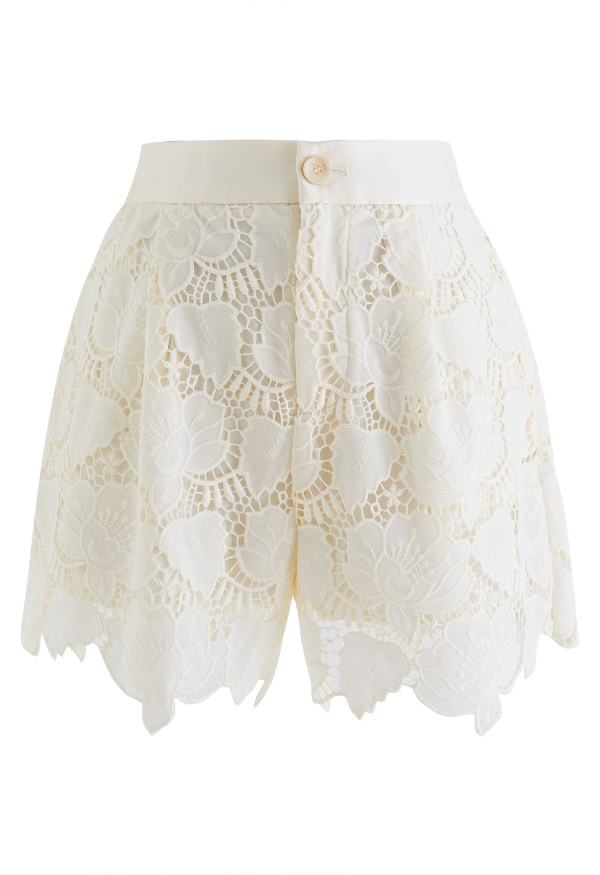Floral Cutwork Crochet Blazer and Shorts Set in Cream