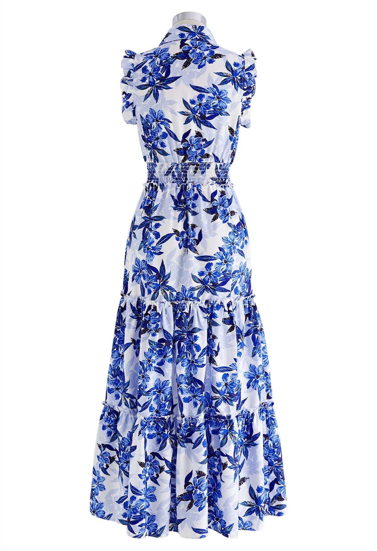 Blue Floral Collared Buttoned Sleeveless Dress