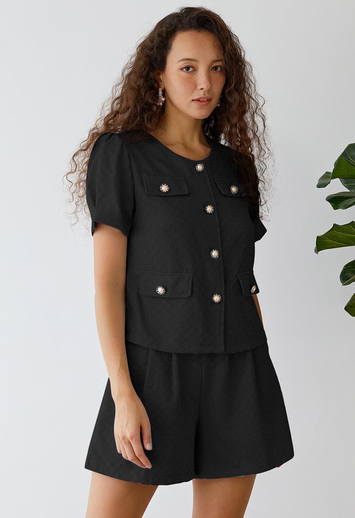 Fake Flap Pockets Button Down Top and Shorts Set in Black