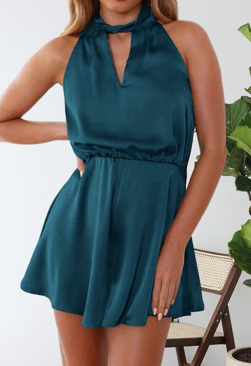 Halter Neck Cutout Satin Playsuit in Teal
