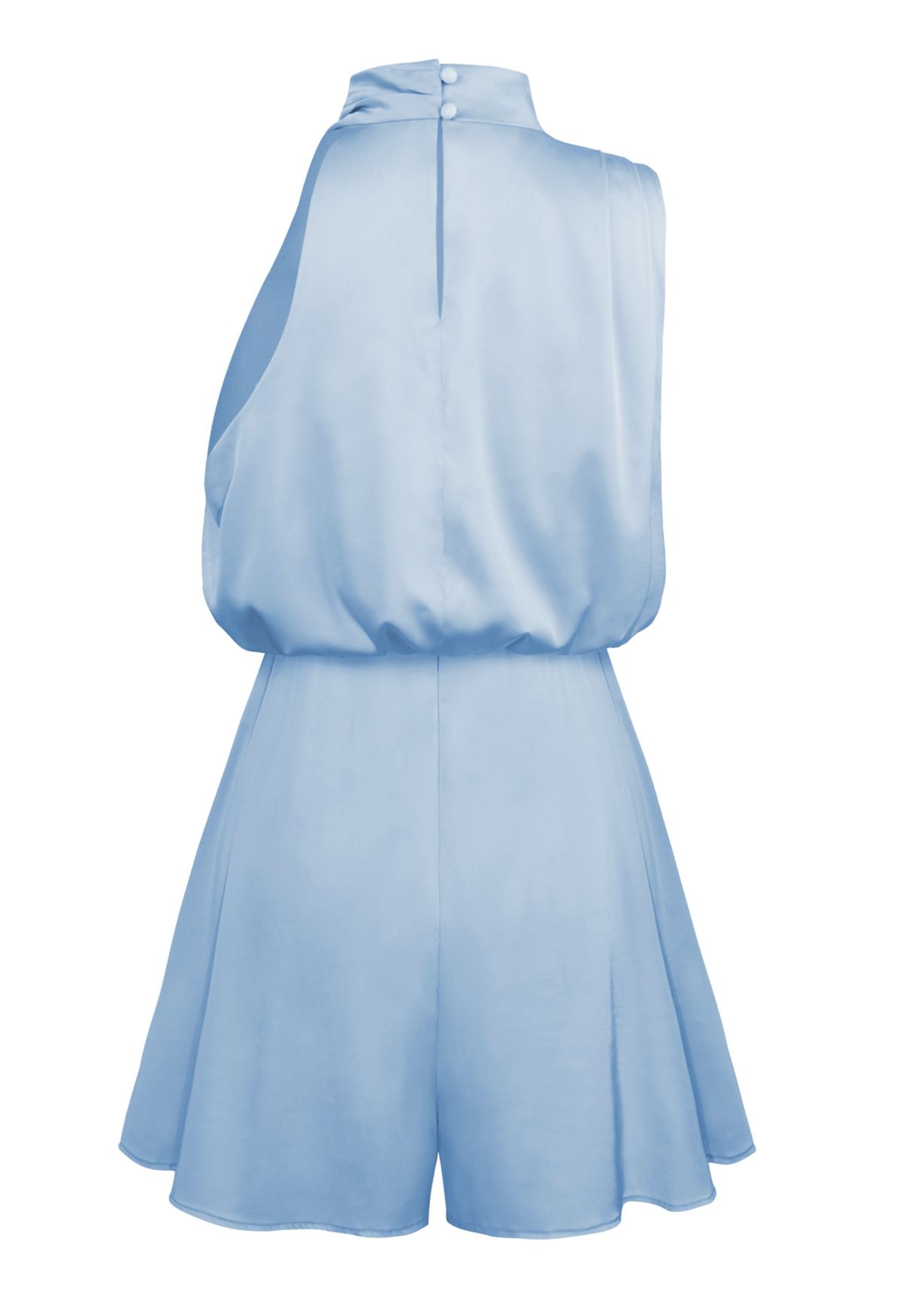 Satin Asymmetric Ruched Neckline Sleeveless Playsuit in Blue