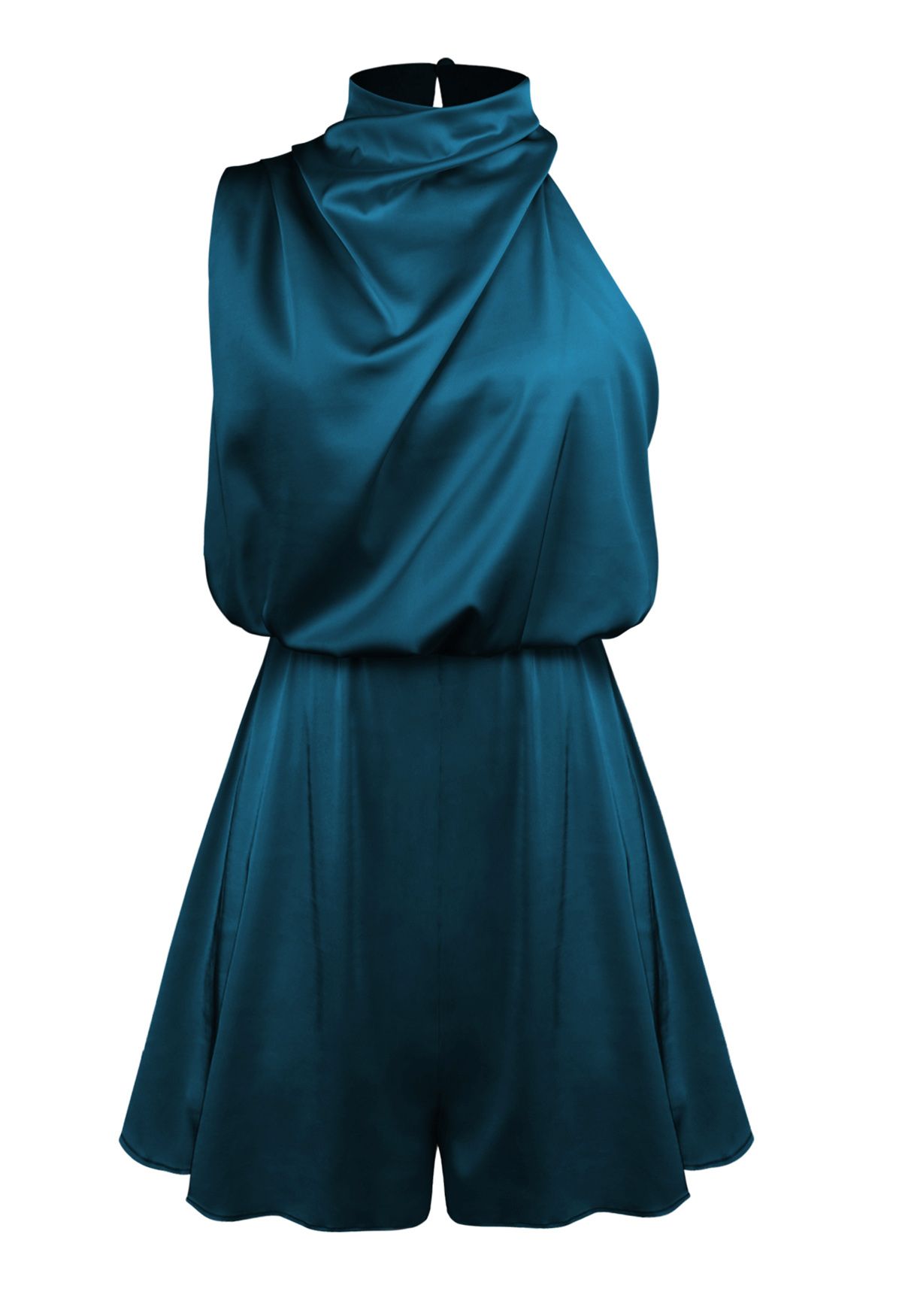 Satin Asymmetric Ruched Neckline Sleeveless Playsuit in Teal
