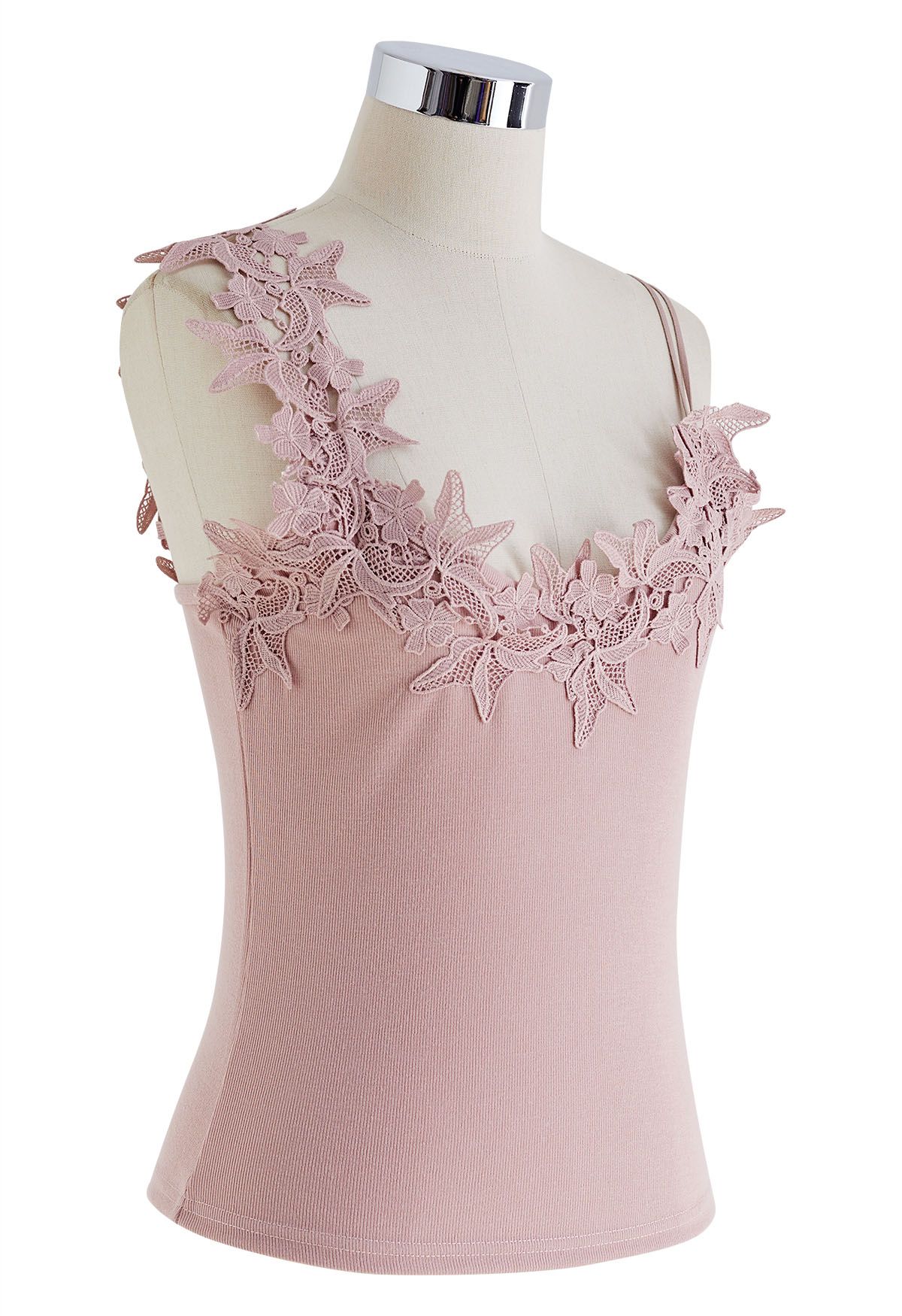 Floral Crochet Asymmetric Strap Cami Top in Pink