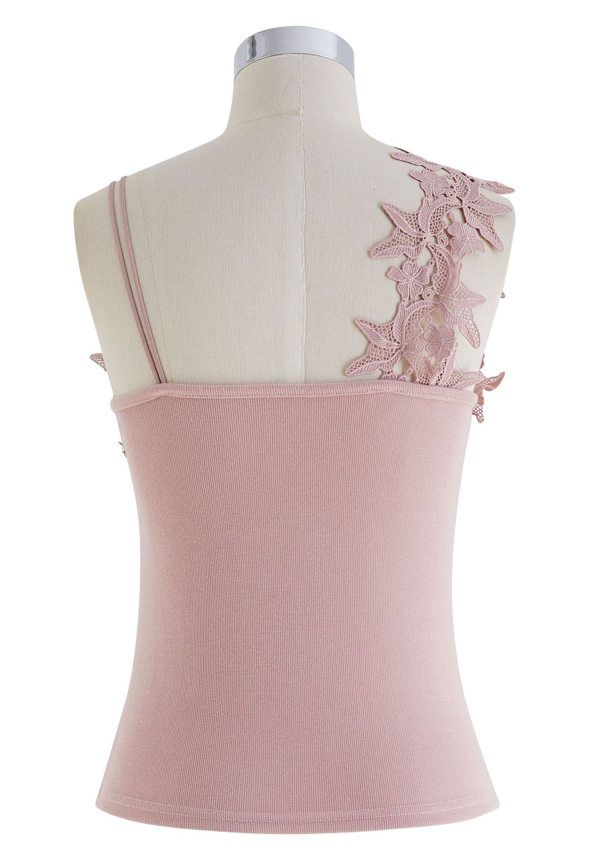 Floral Crochet Asymmetric Strap Cami Top in Pink