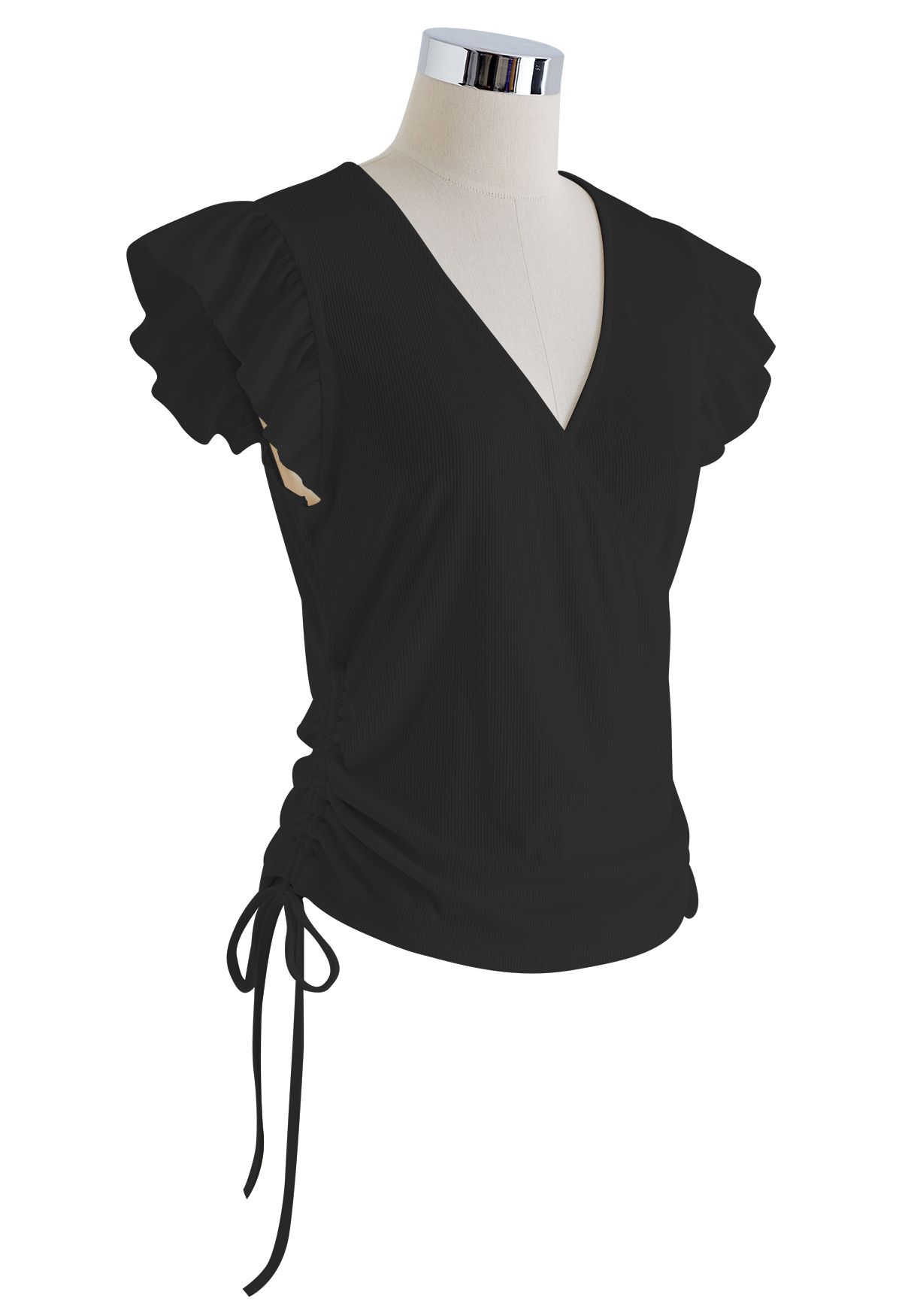 Drawstring Faux-Wrap Ruffle Sleeveless Top in Black