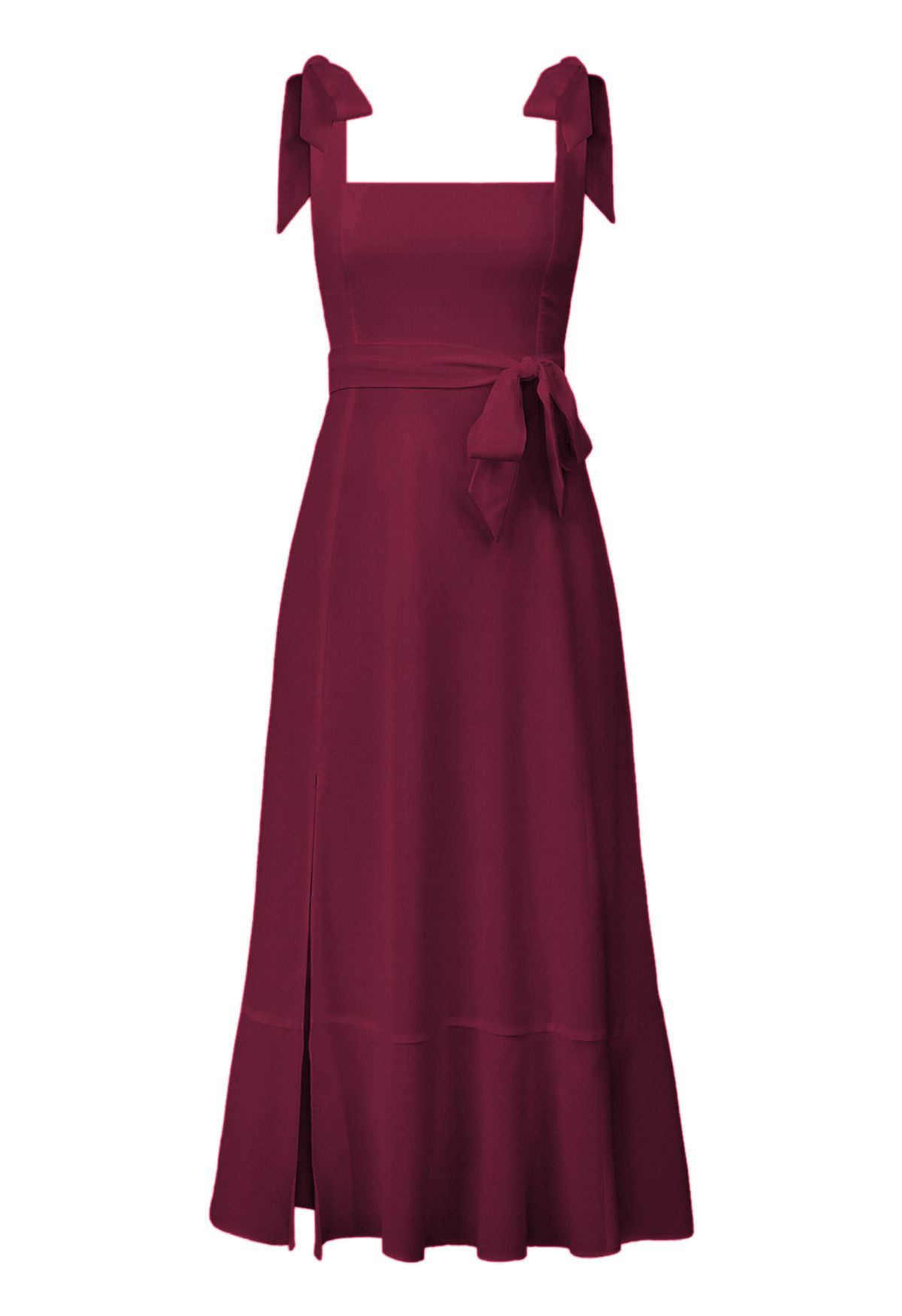 Ruffle Hem Tie-Shoulder Cami Dress in Burgundy