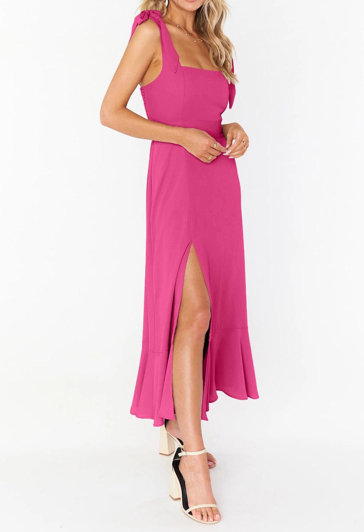 Ruffle Hem Tie-Shoulder Cami Dress in Hot Pink