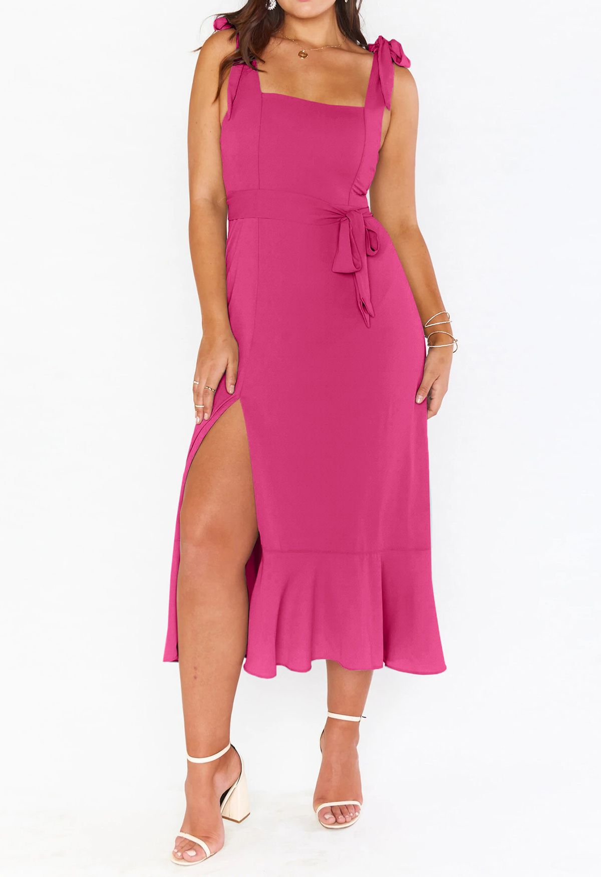 Ruffle Hem Tie-Shoulder Cami Dress in Hot Pink