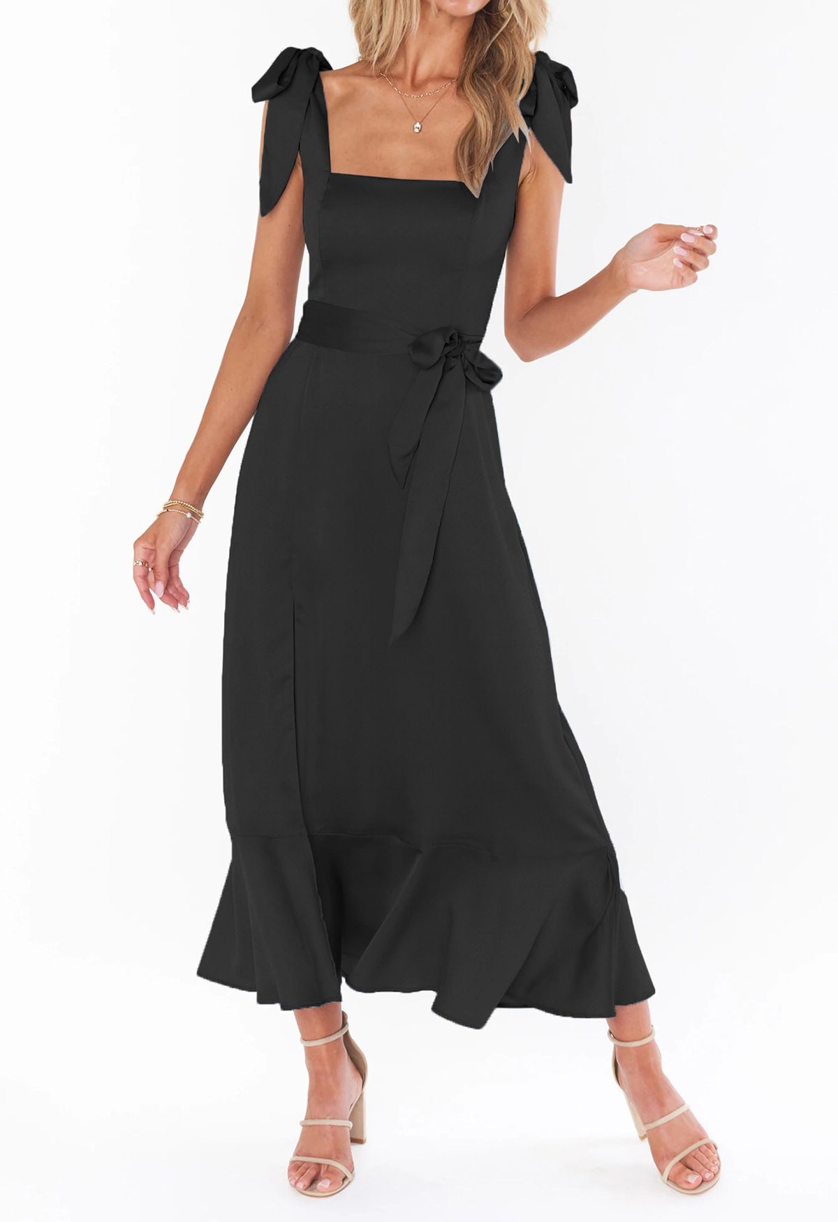 Ruffle Hem Tie-Shoulder Cami Dress in Black