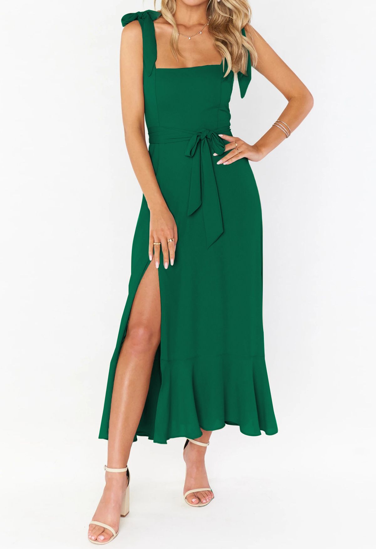 Ruffle Hem Tie-Shoulder Cami Dress in Green
