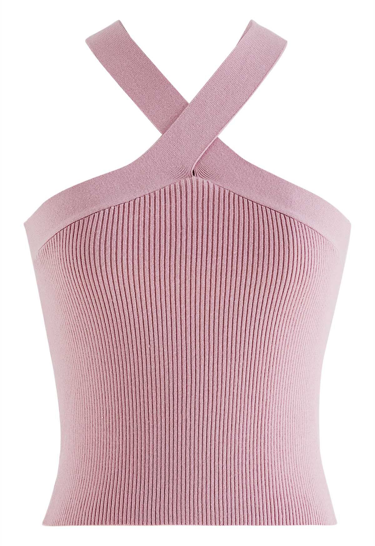 Criss Cross Straps Halter Knit Top in Pink