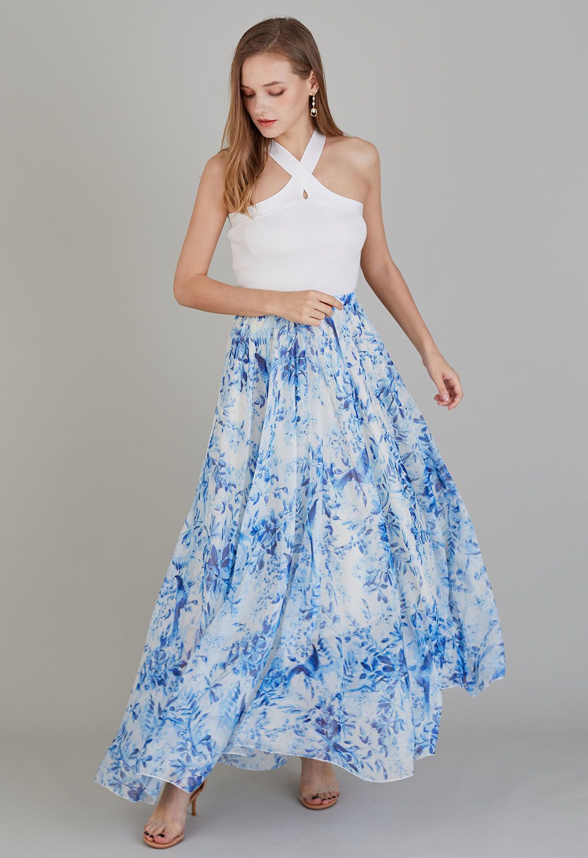 Summer Forest Printed Chiffon Maxi Skirt in Blue