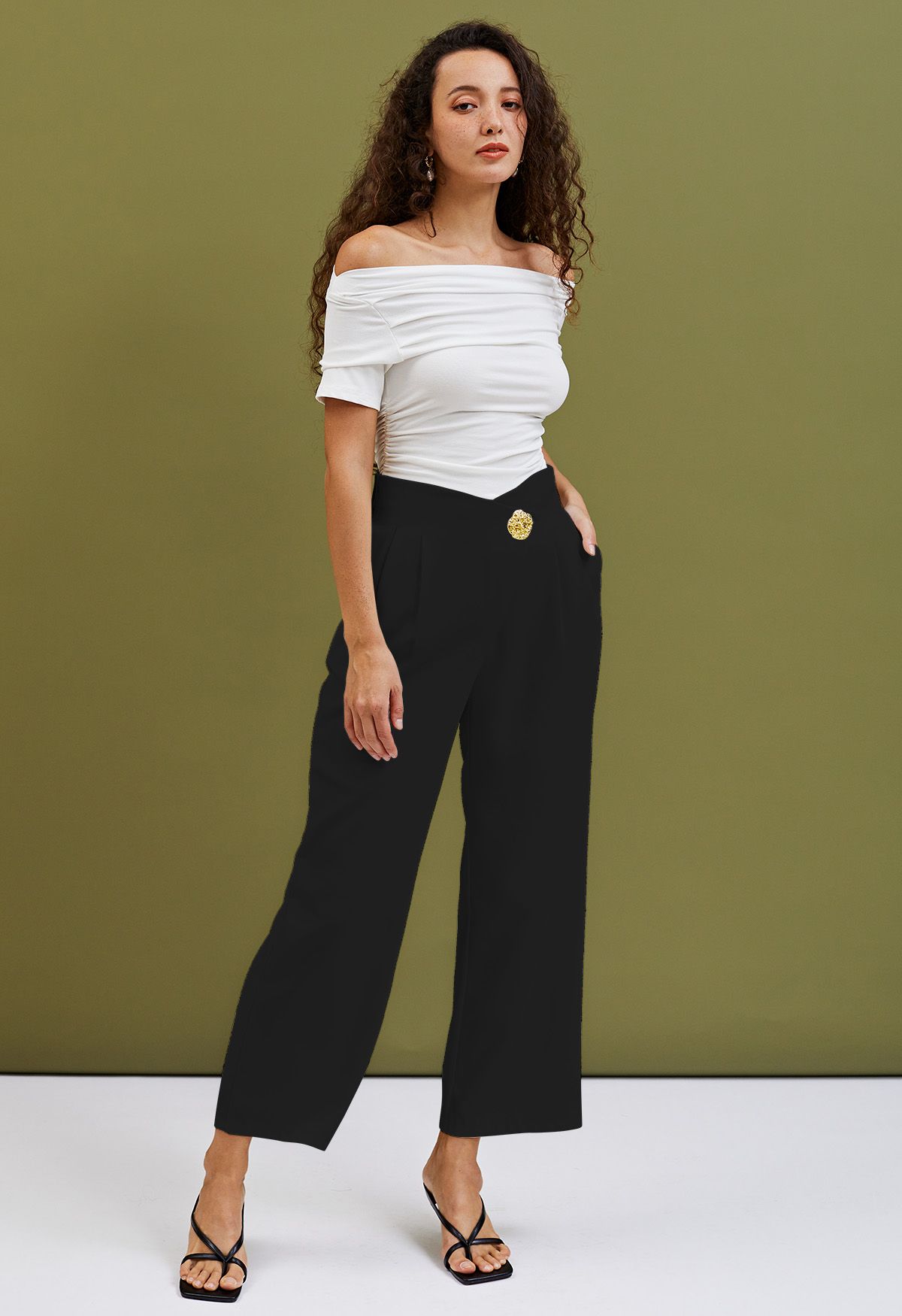 Golden Button Cross Waist Straight-Leg Pants in Black