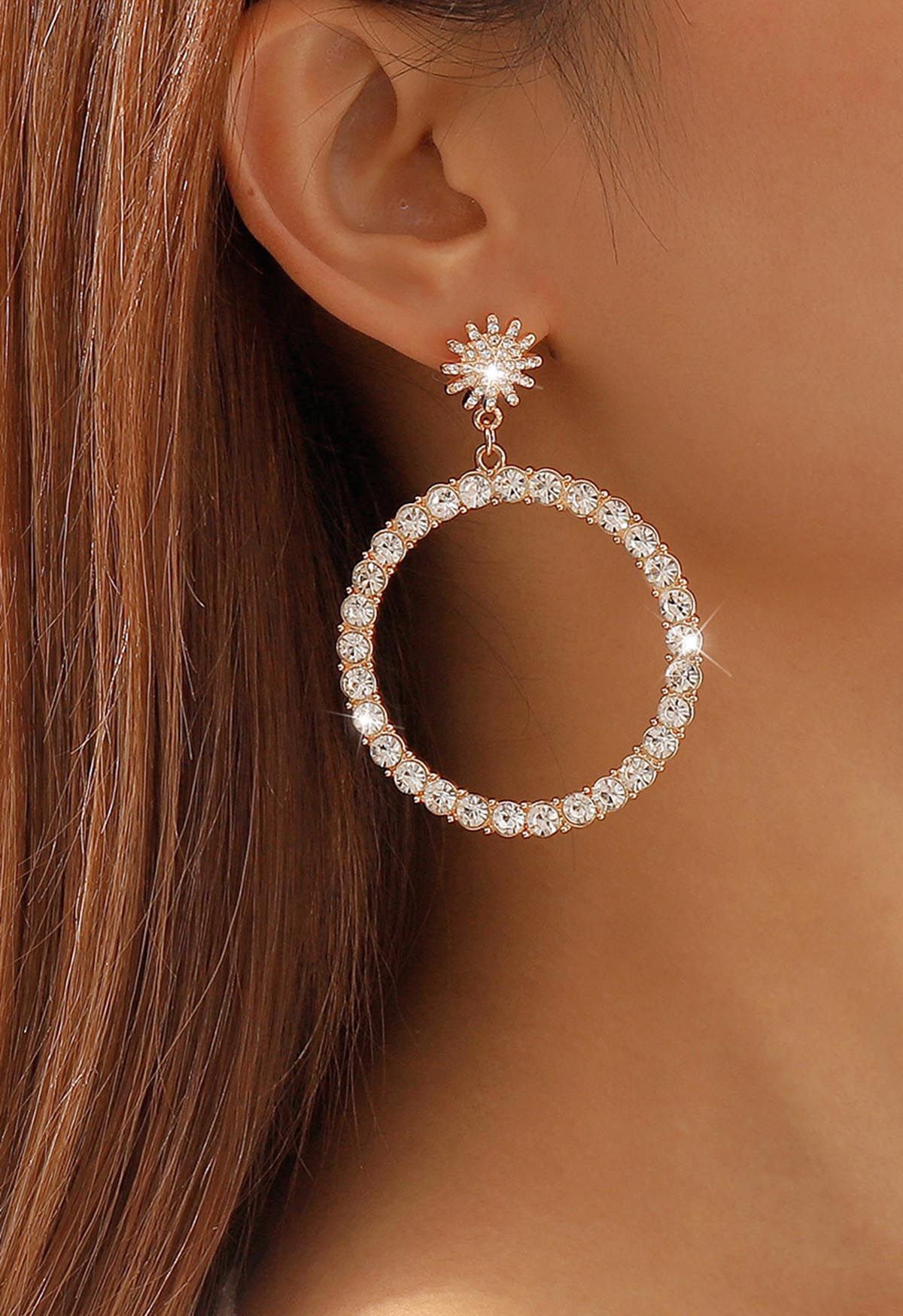 Hollow Out Circle Rhinestone Earrings in Gold