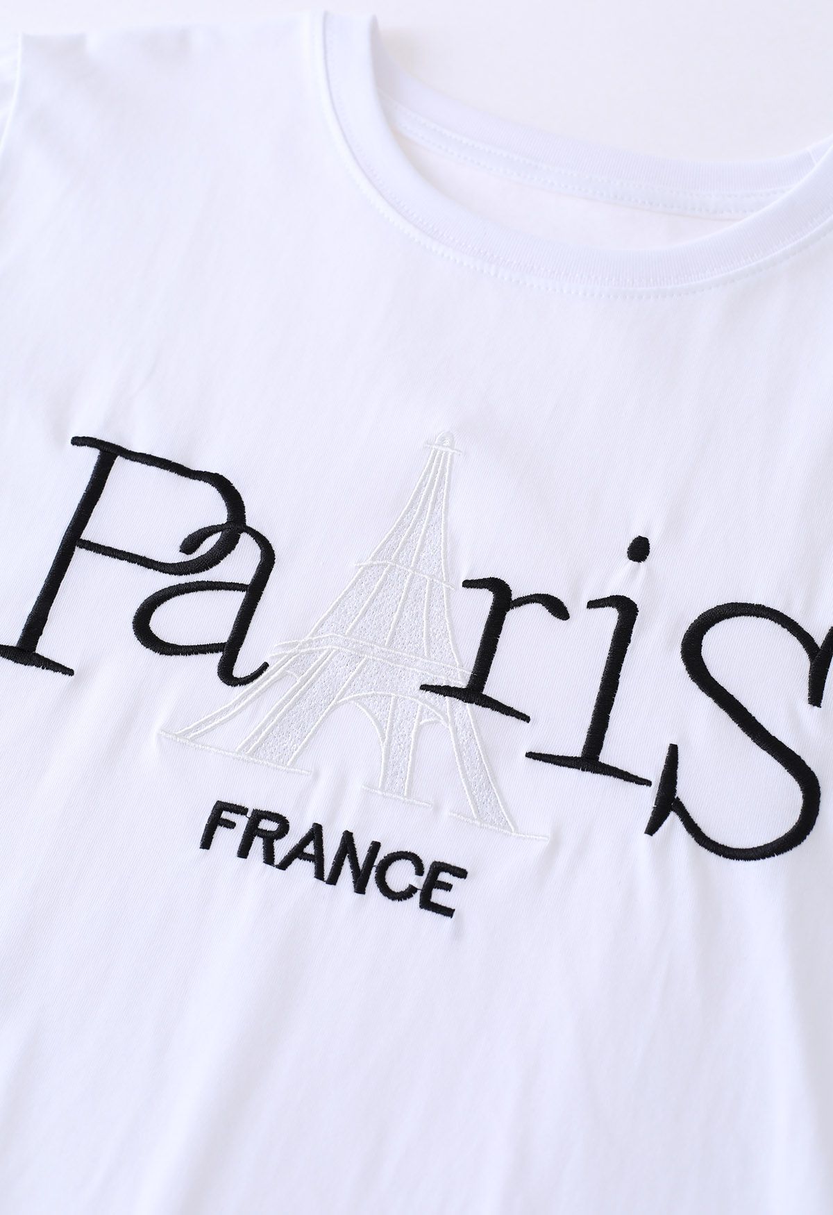 Eiffel Tower Embroidered Crew Neck T-Shirt in White
