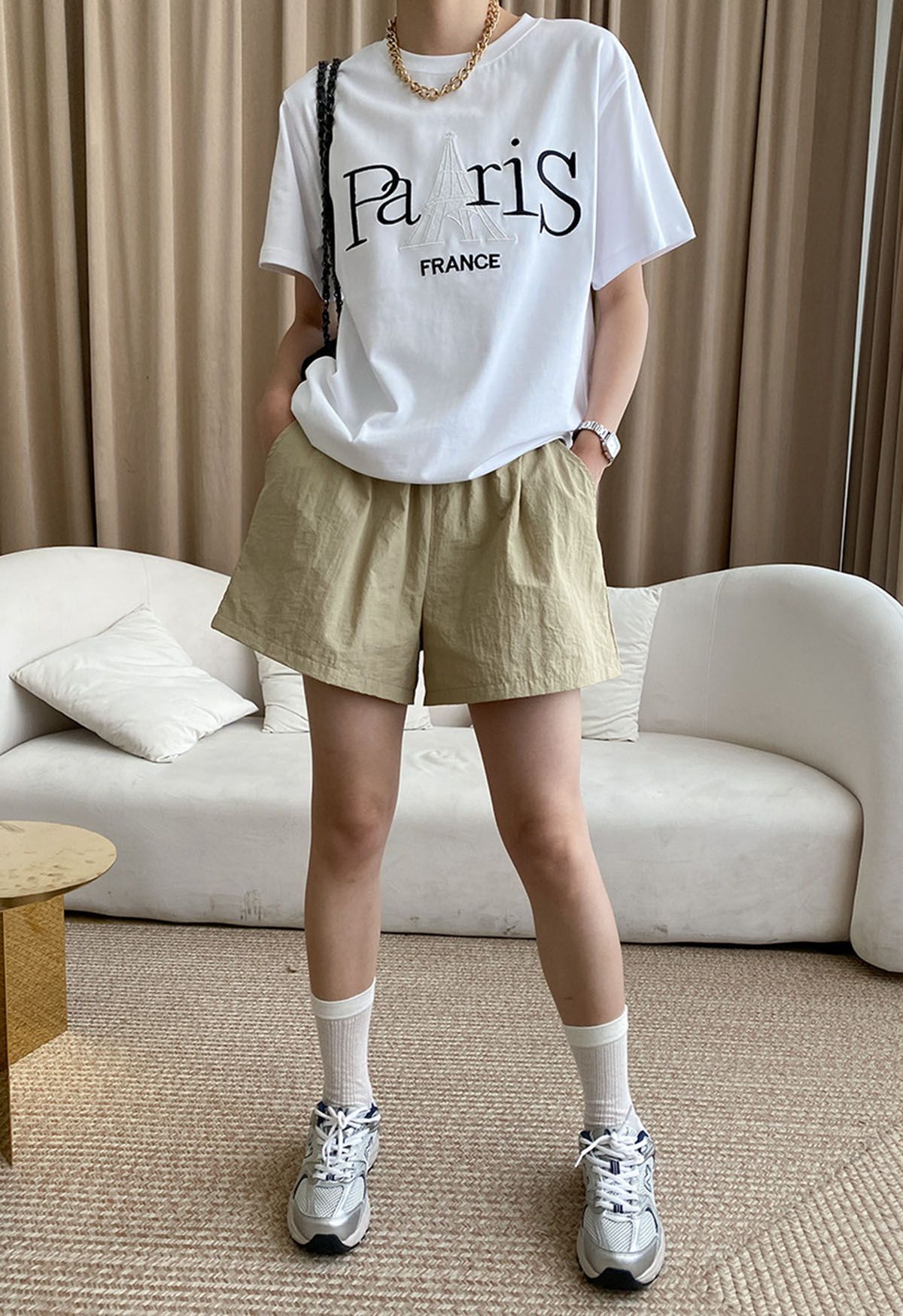 Eiffel Tower Embroidered Crew Neck T-Shirt in White