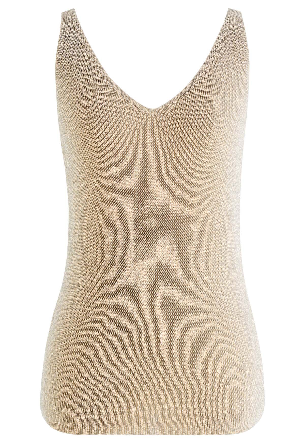 V-Neck Shimmer Knit Tank Top in Light Tan