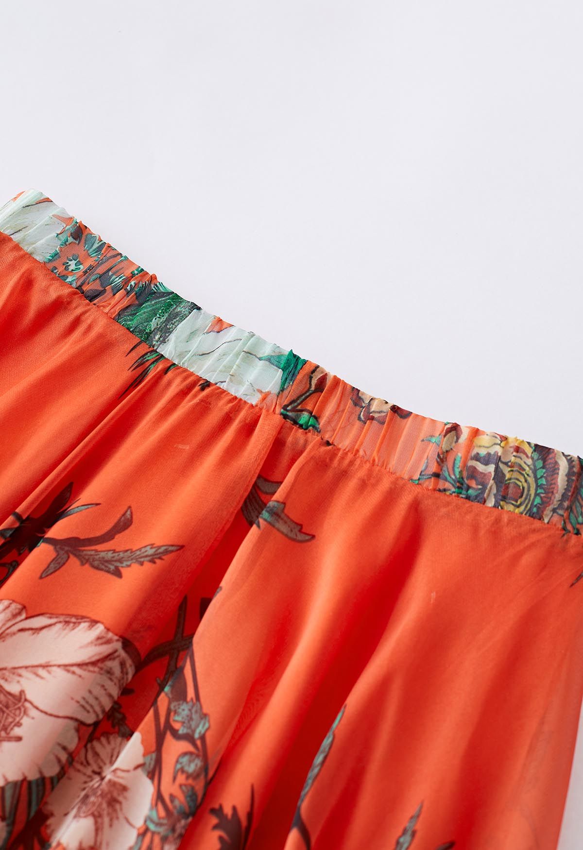 Orange Bouquet Printed Chiffon Maxi Skirt