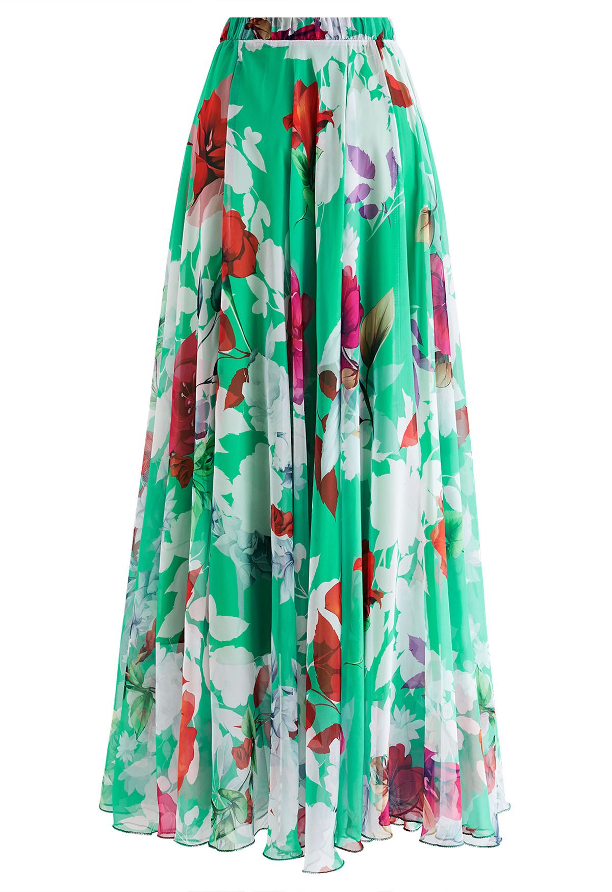 Best Blooms Rose Printed Chiffon Maxi Skirt in Green