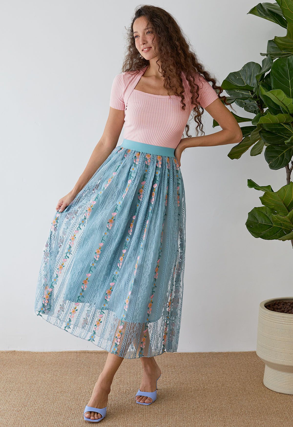 Flower Chain Embroidered Mesh Skirt in Dusty Blue