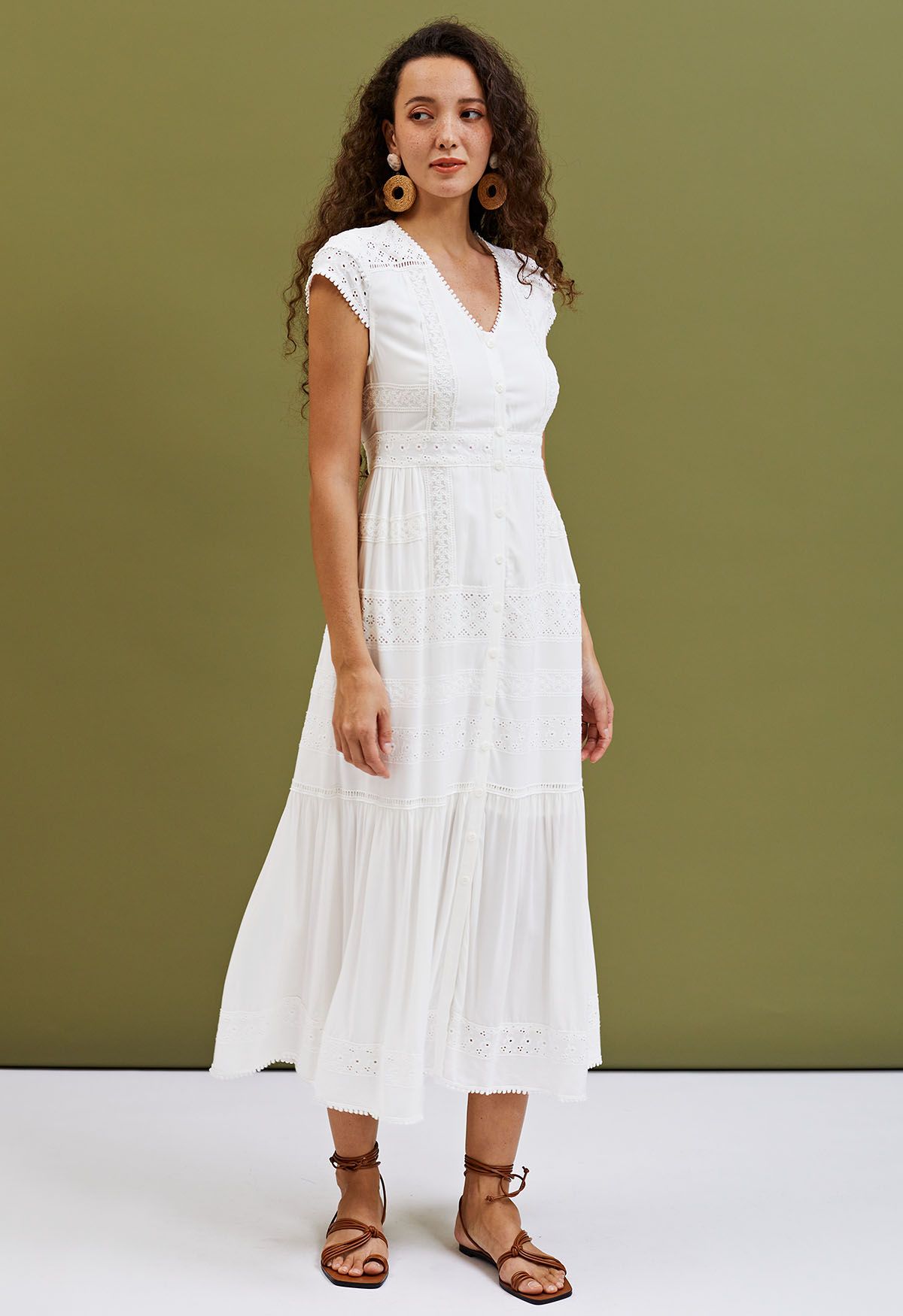 Eyelet Embroidery Panelled Button Down Dress