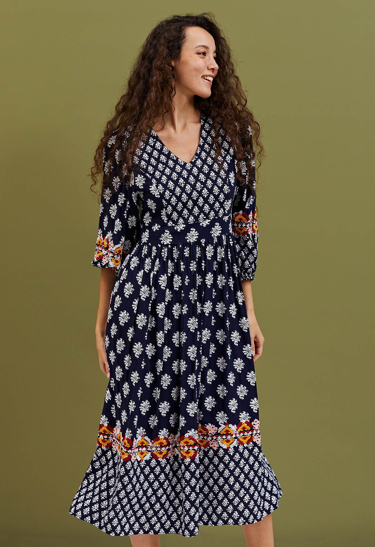 Bohemian Printed Elbow Sleeves Midi Dress