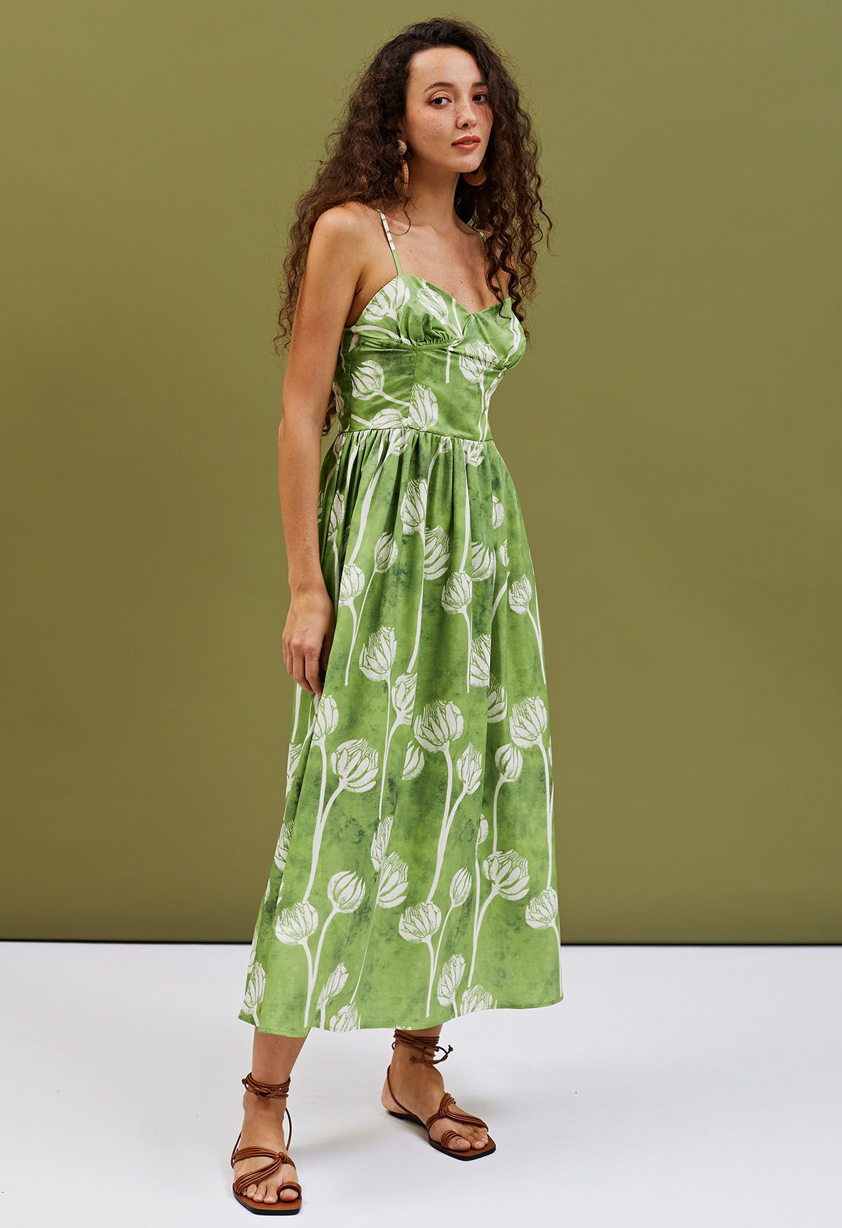 Green Twin Flower Buds Printed Cami Dress