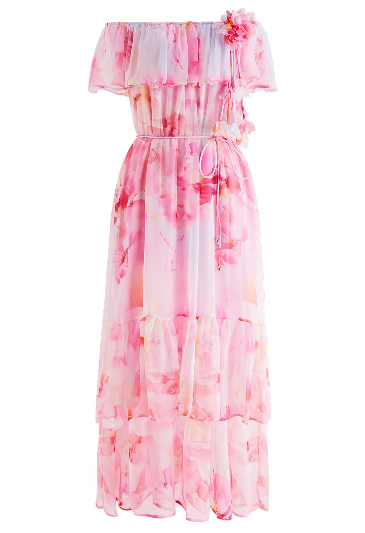 Floral Print Off-Shoulder Tiered Chiffon Dress in Pink