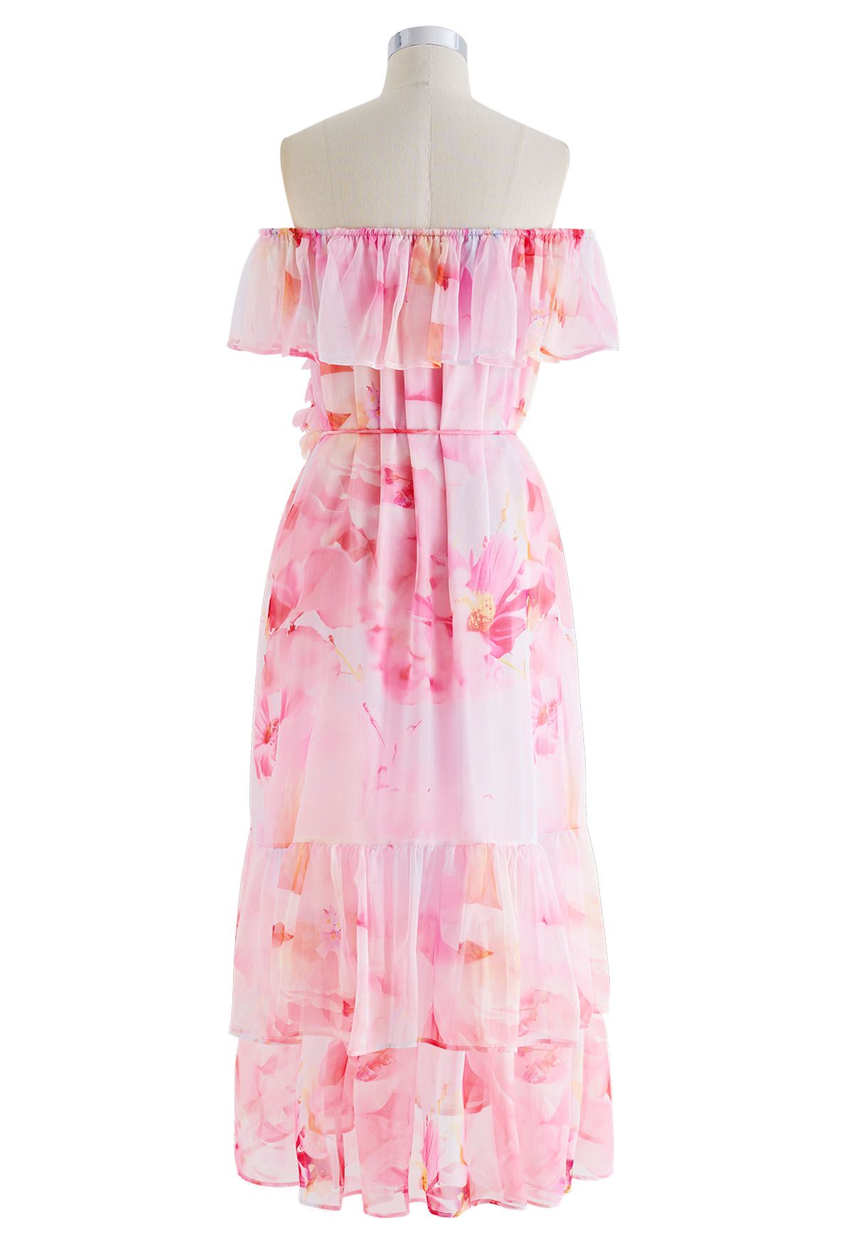 Floral Print Off-Shoulder Tiered Chiffon Dress in Pink
