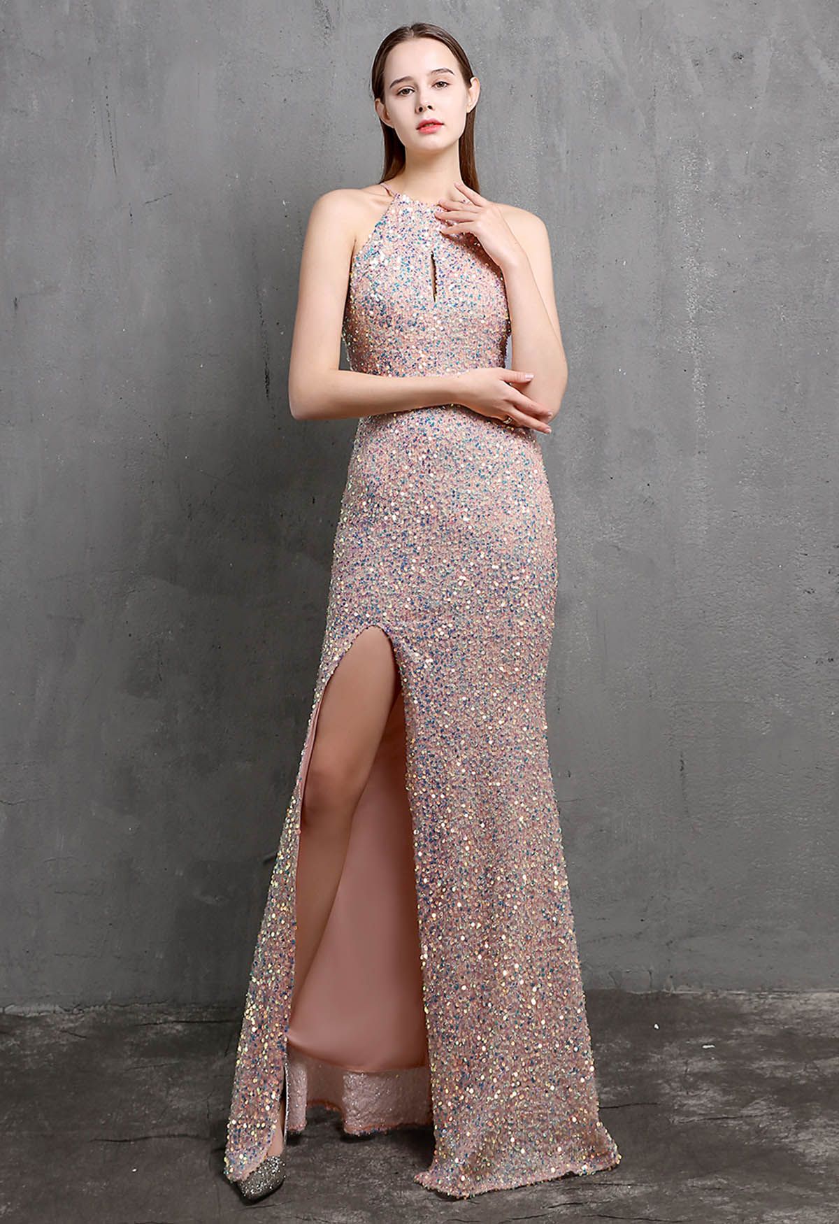 Halter Neck Cutout Sequined Slit Mermaid Gown in Pink