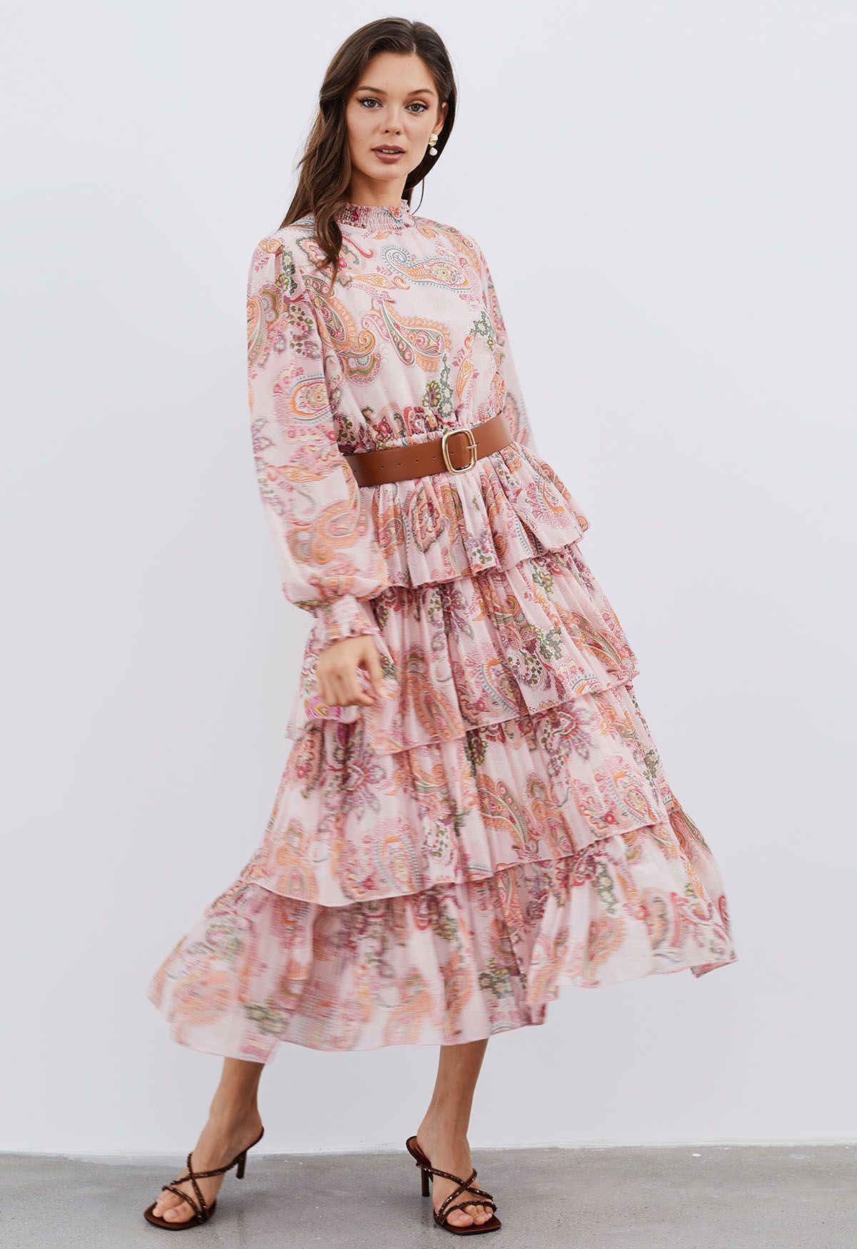 Paisley Printed Belted Tiered Chiffon Dress in Pink