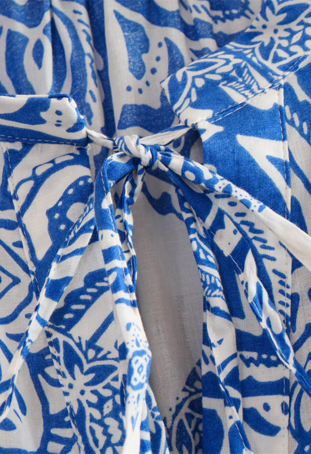 Blue Floral Printed Tie Waist Mini Dress