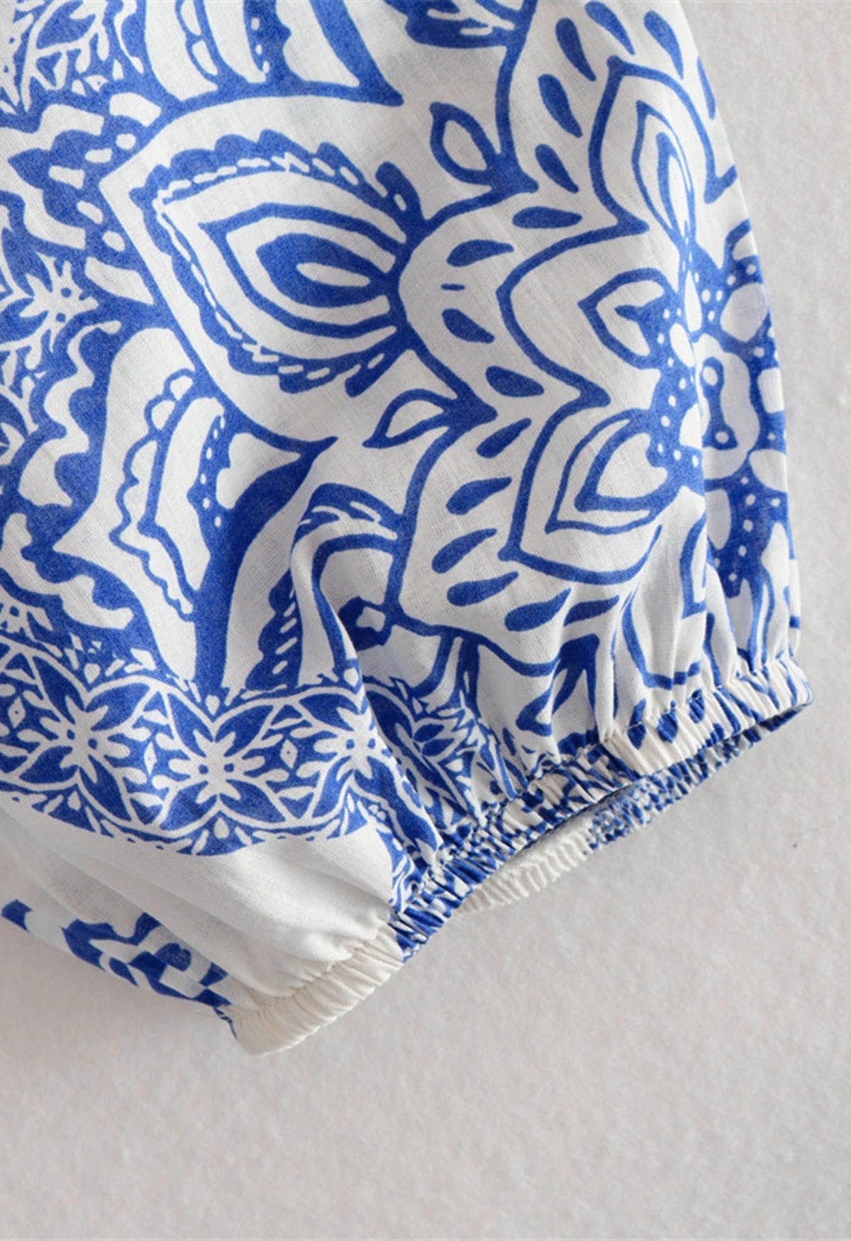 Blue Floral Printed Tie Waist Mini Dress