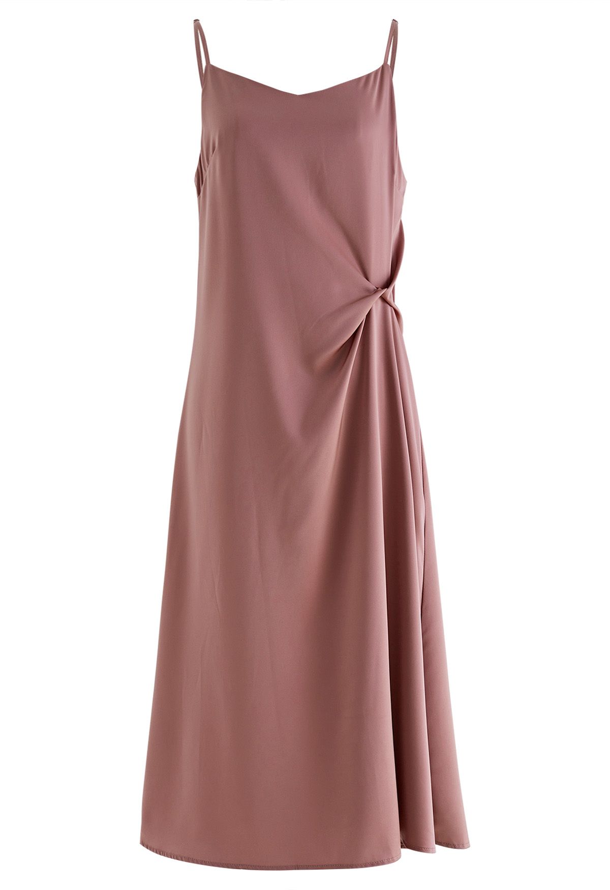 Sweetheart Neck Side Twisted Satin Cami Dress in Dusty Pink