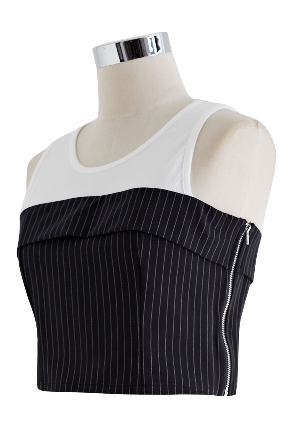 Vertical Stripe Folded Spliced Tank Top in Black