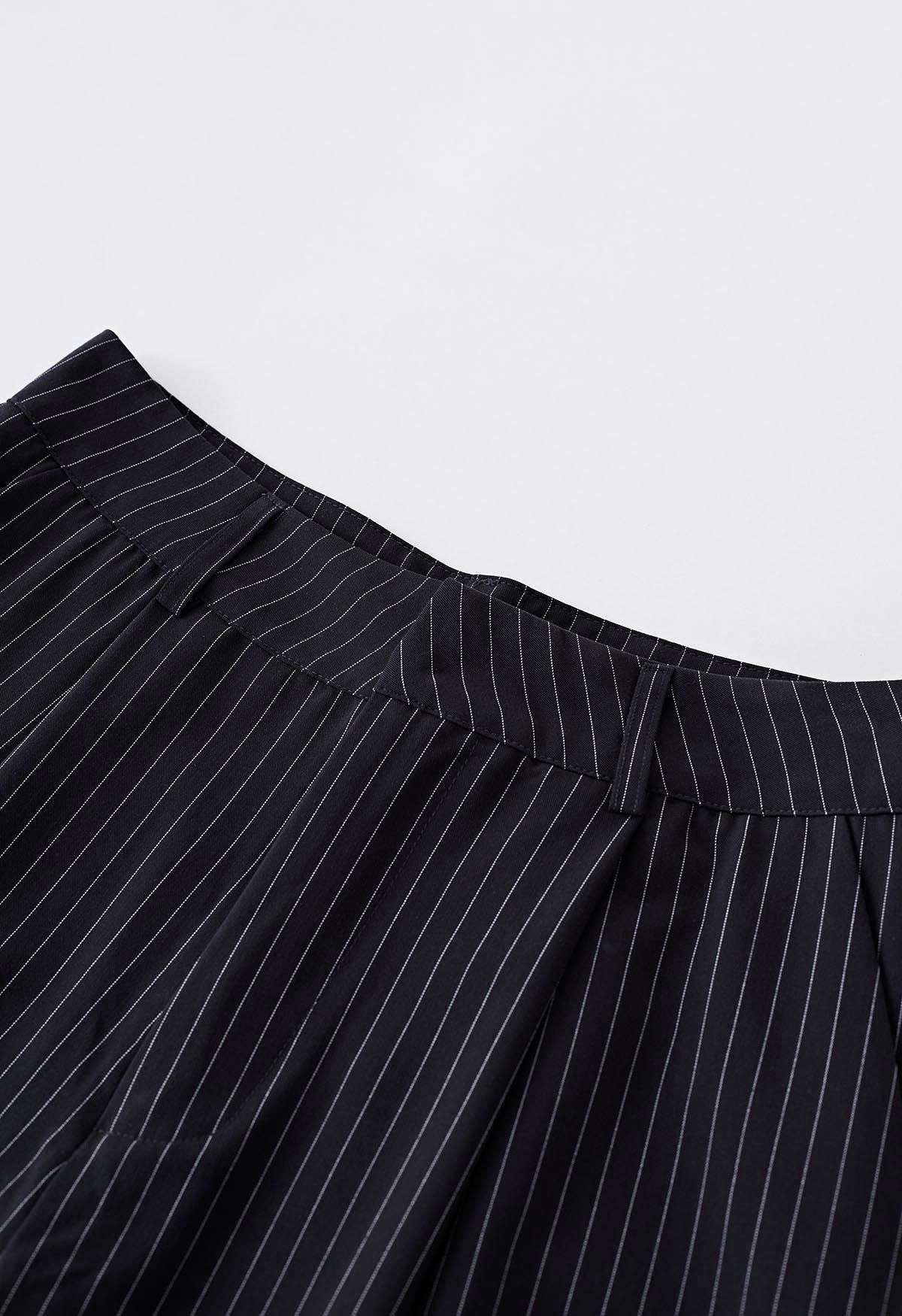 Vertical Stripe Straight-Leg Pants in Black