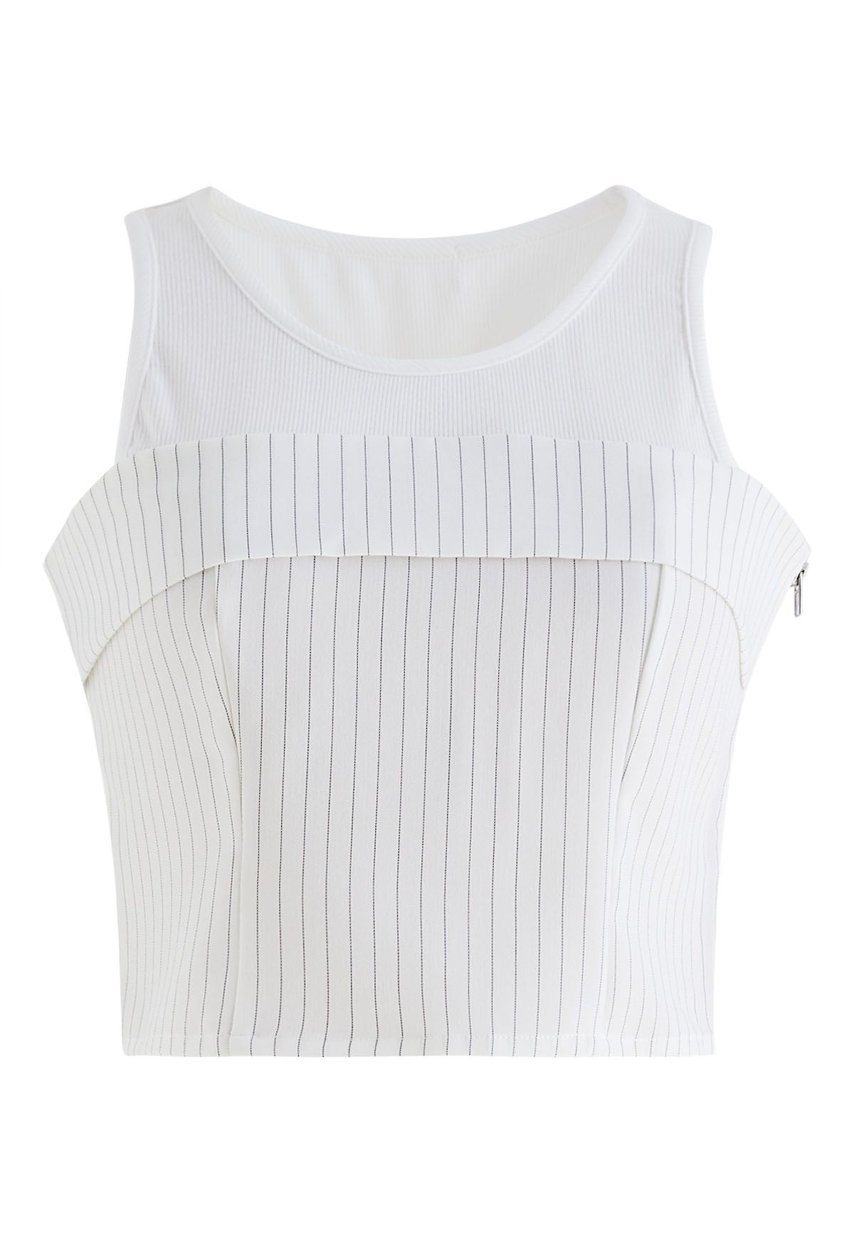 Vertical Stripe Folded Spliced Tank Top in White