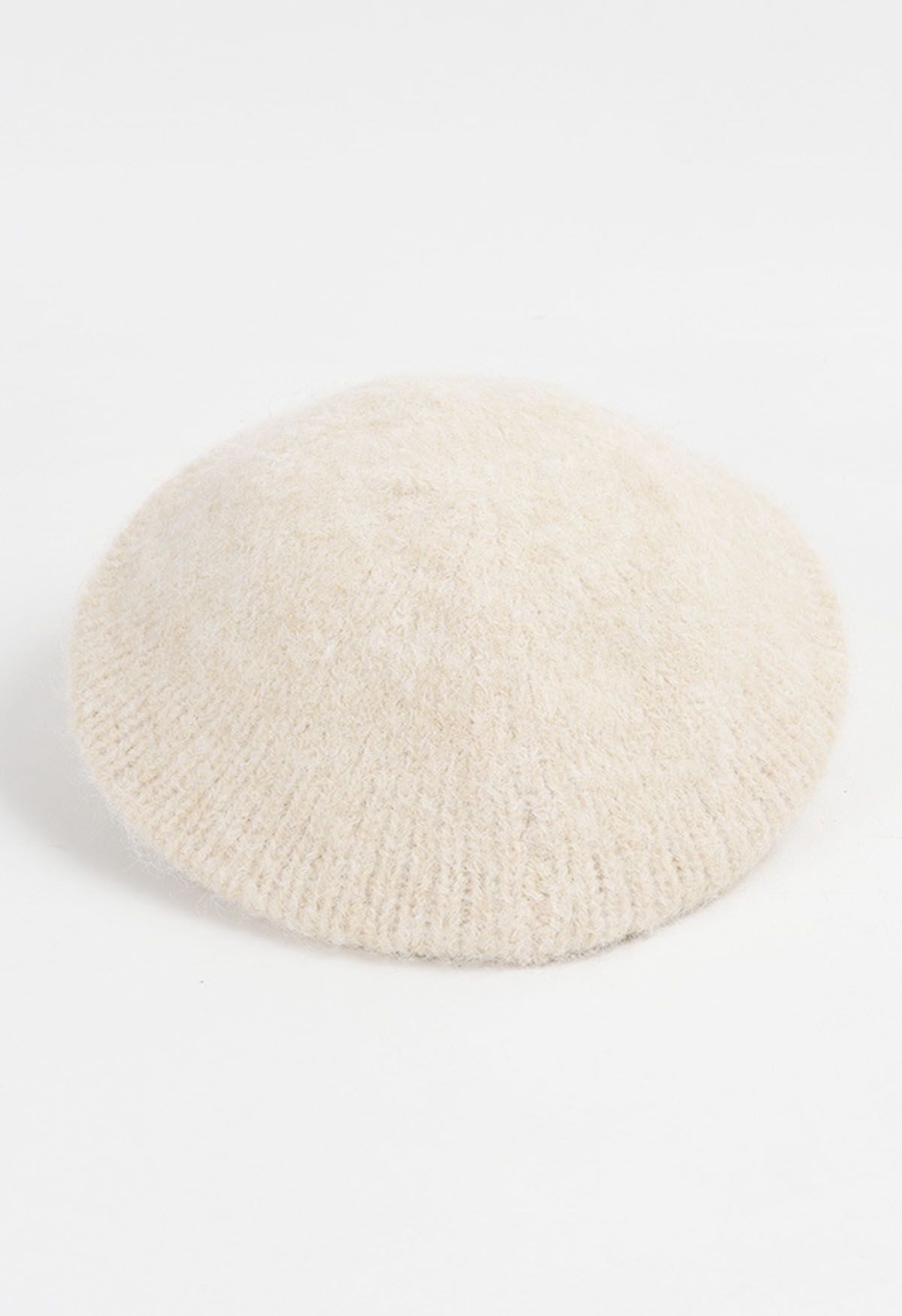 Fuzzy Wool-Blend Beret Hat in Cream