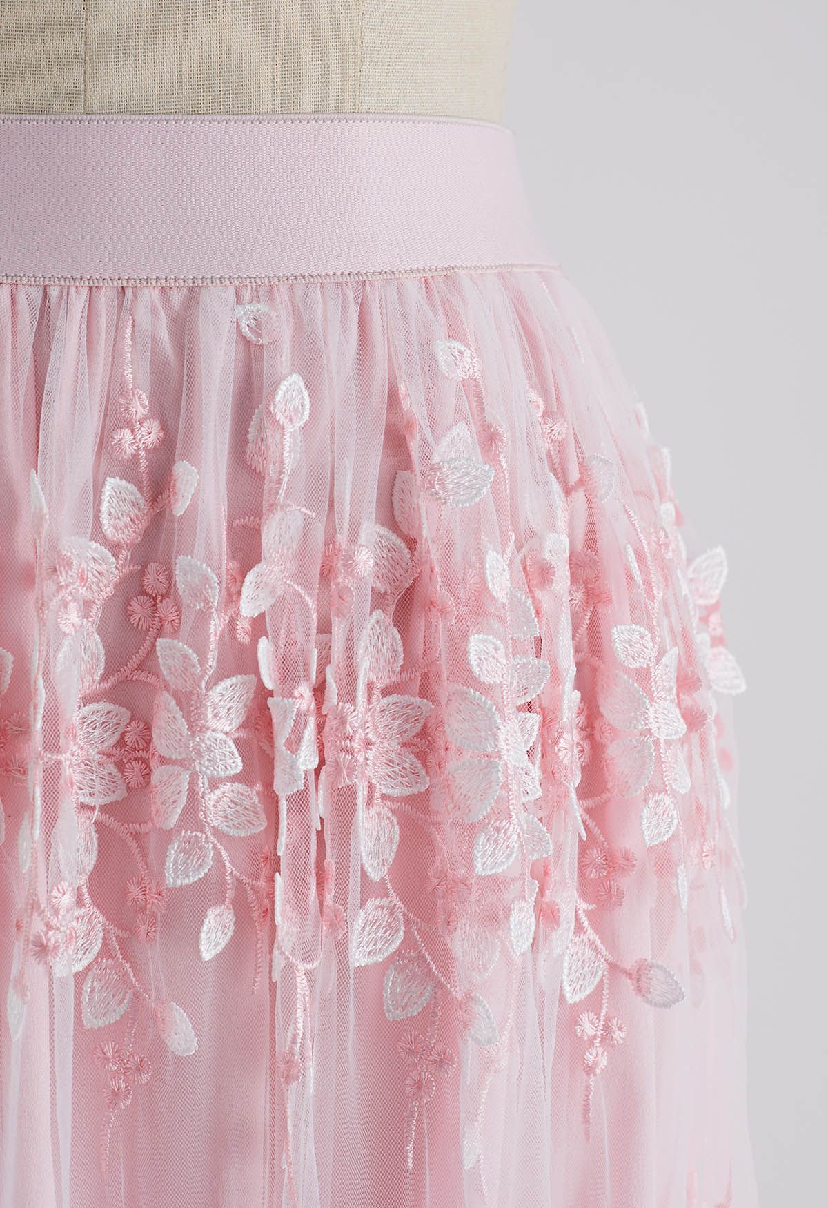 3D Vine Embroidered Mesh Tulle Skirt in Pink