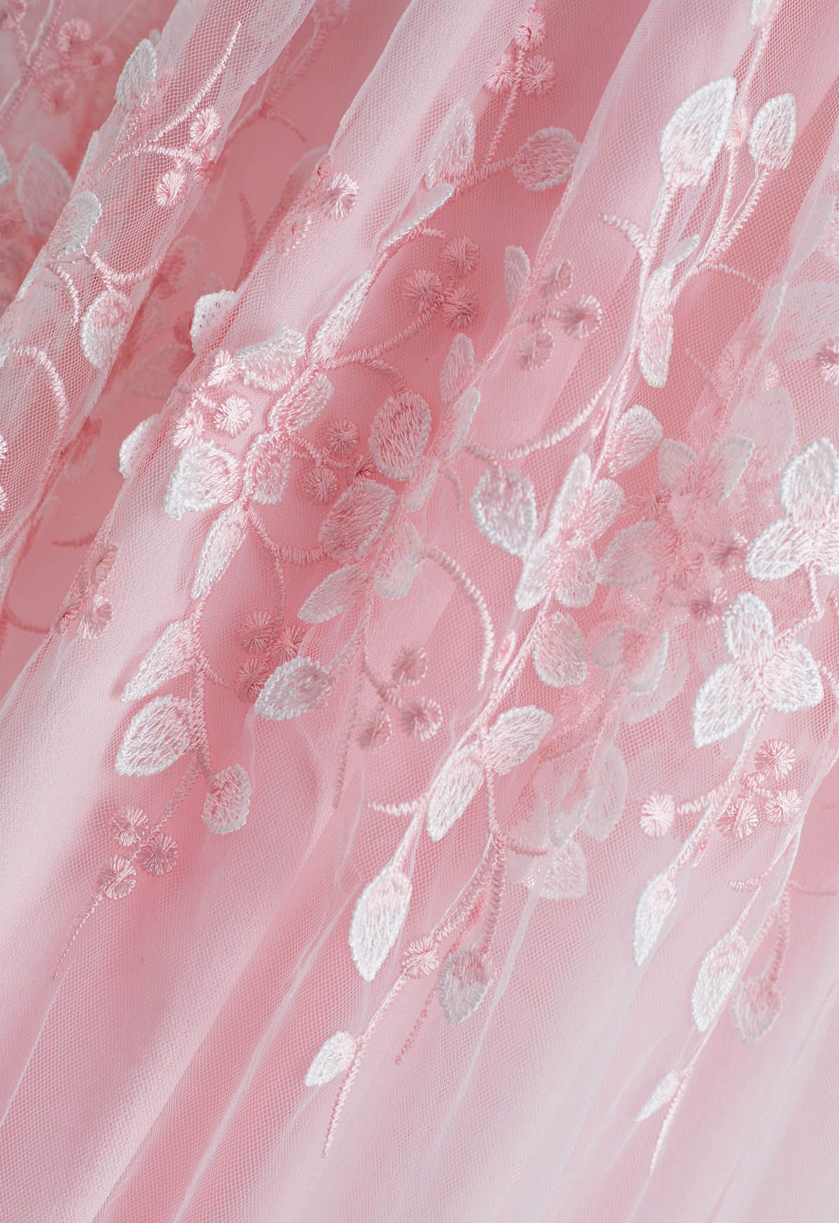 3D Vine Embroidered Mesh Tulle Skirt in Pink