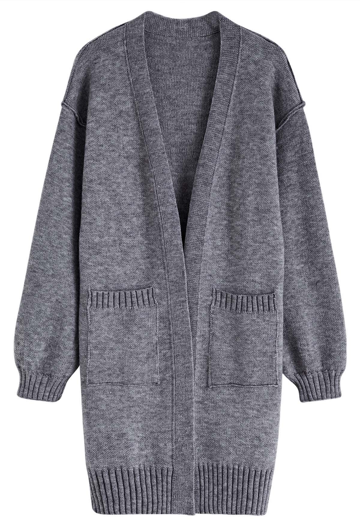 Casual Open Front Oversized Knit Cardigan with Pockets in Grey