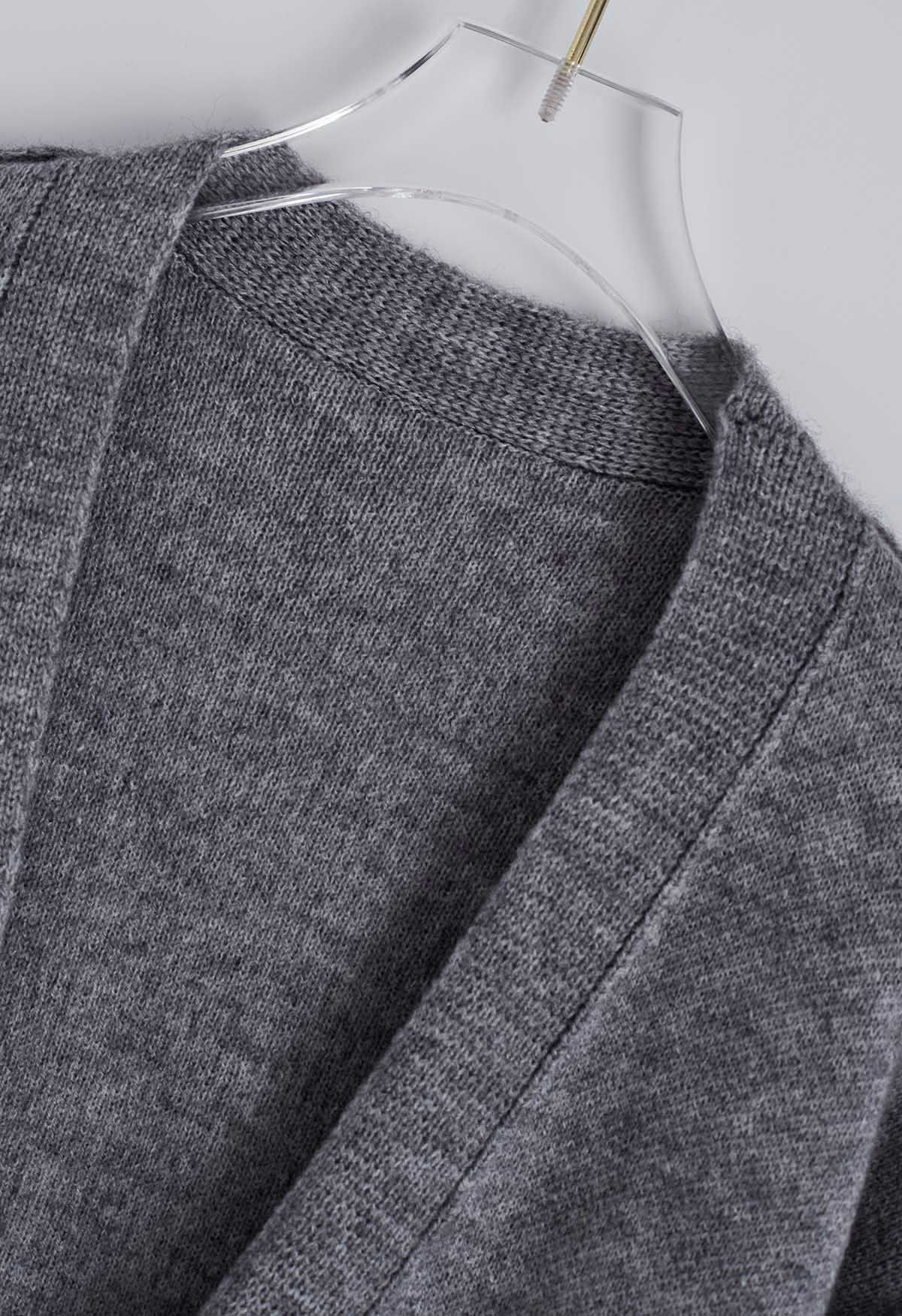 Casual Open Front Oversized Knit Cardigan with Pockets in Grey