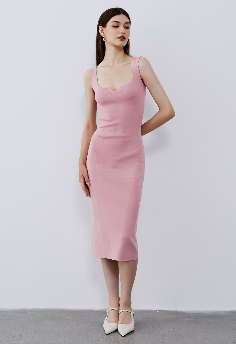 Notch Neckline Bodycon Knit Dress in Pink