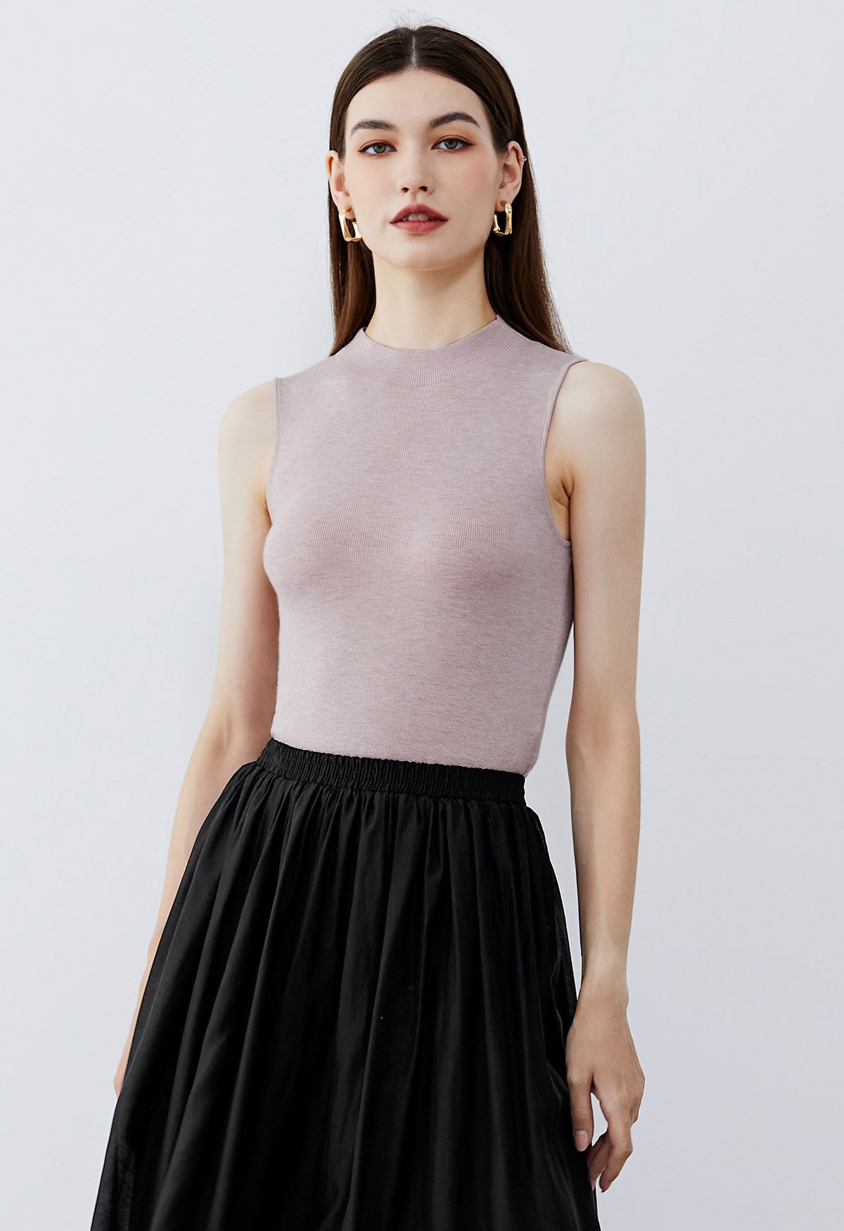 Mock Neck Wool-Blend Sleeveless Top in Blush