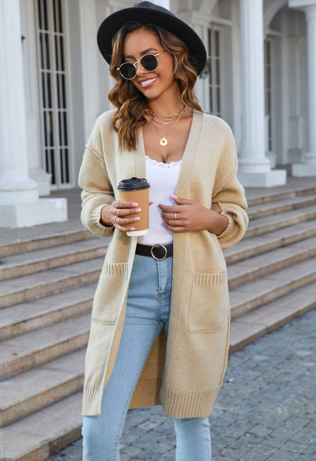 Casual Open Front Oversized Knit Cardigan with Pockets in Light Tan