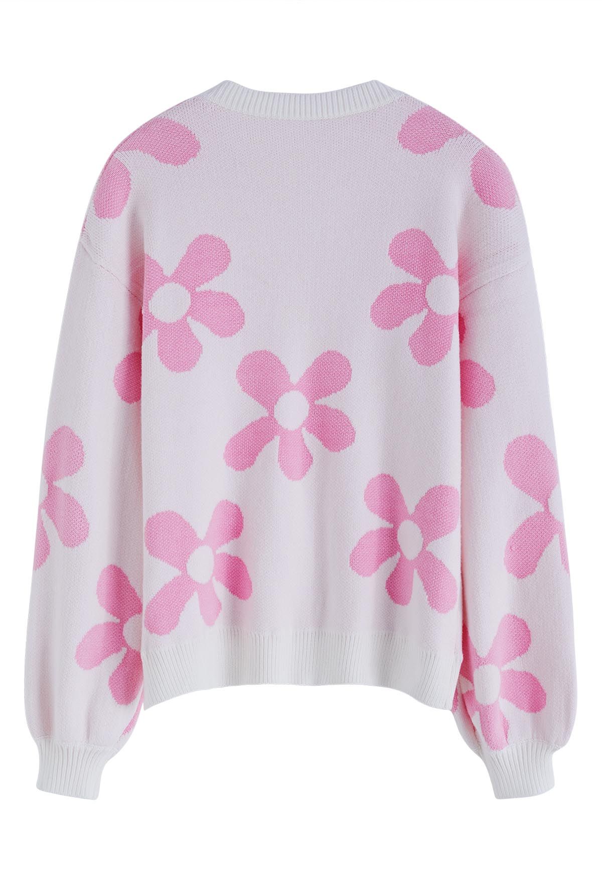 Cuteness Flowers Boxy Round Neck Knit Sweater in Nude Pink