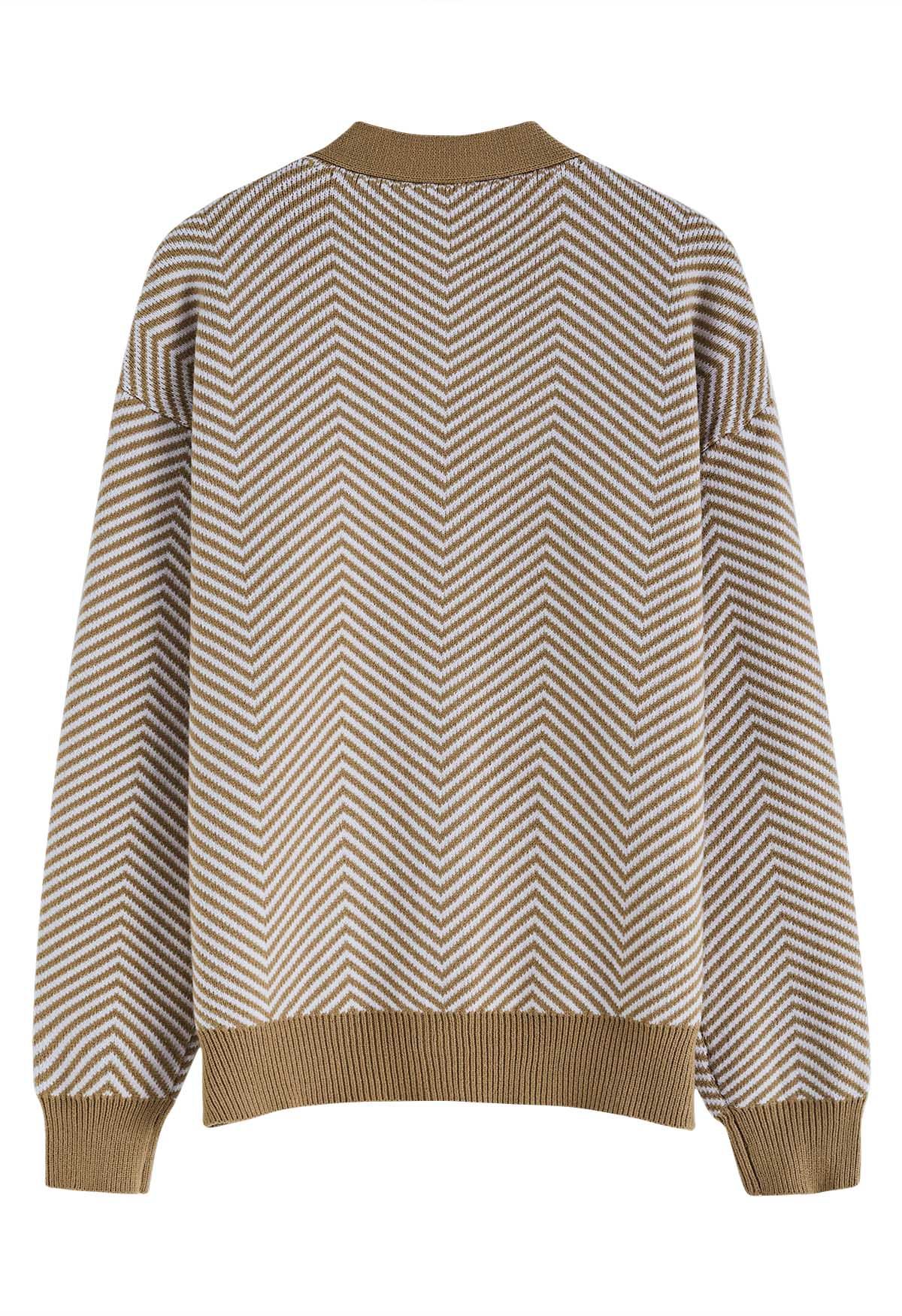 Zigzag Stripe Pattern Buttoned Knit Cardigan in Camel