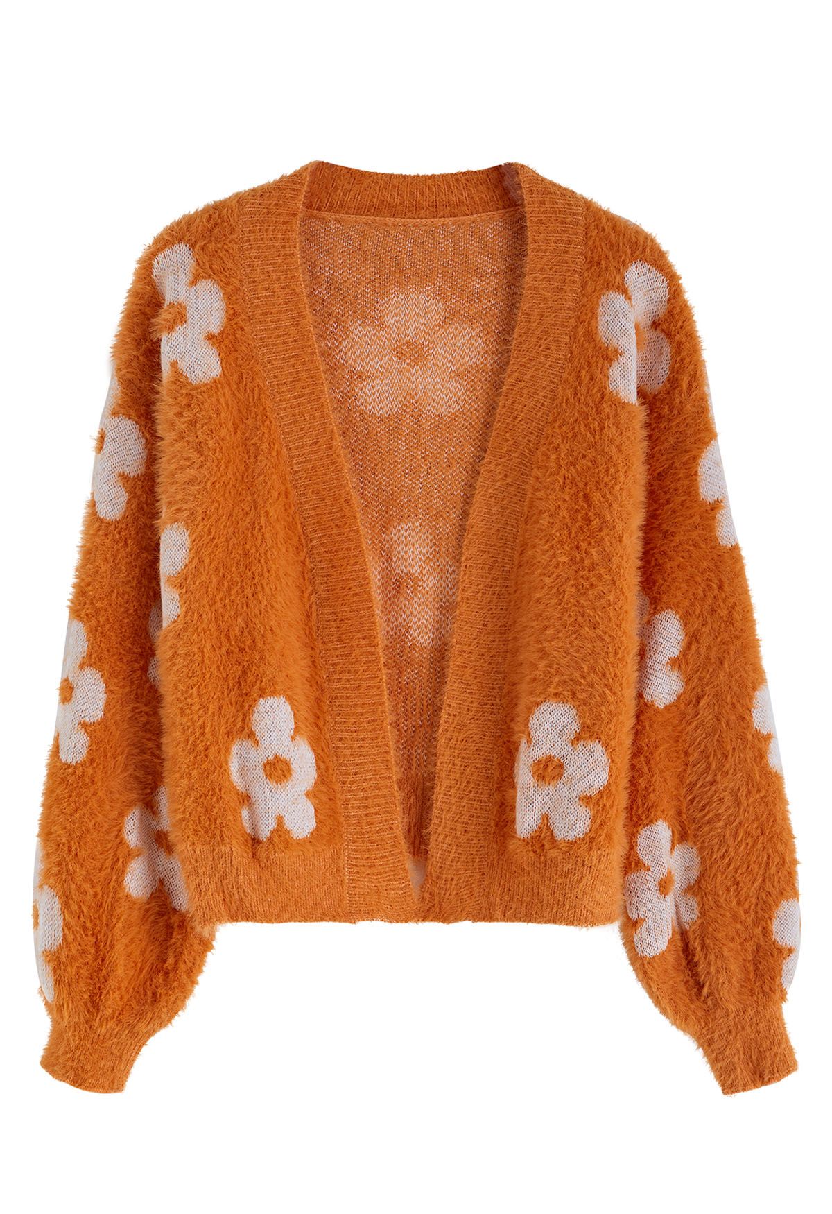 Cuteness Flowers Fuzzy Knit Cardigan in Orange