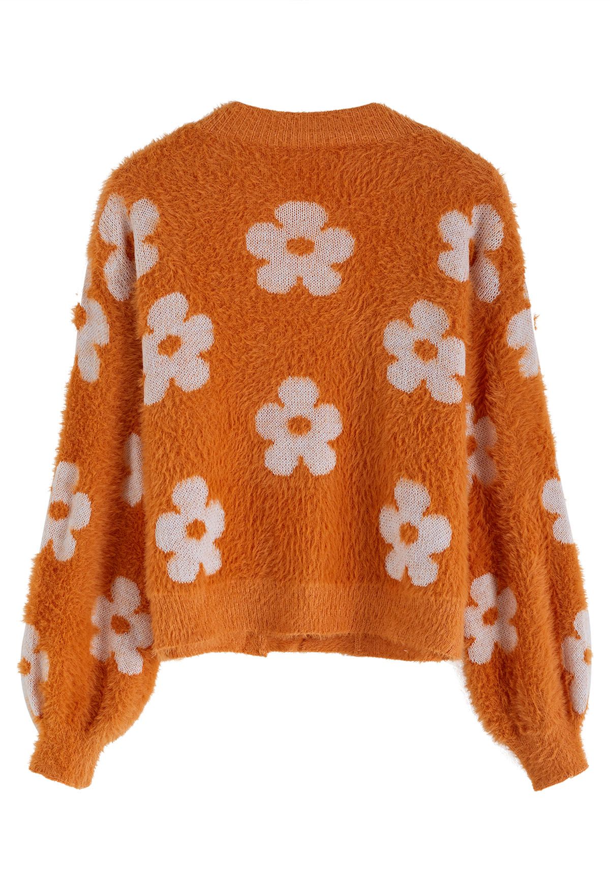 Cuteness Flowers Fuzzy Knit Cardigan in Orange